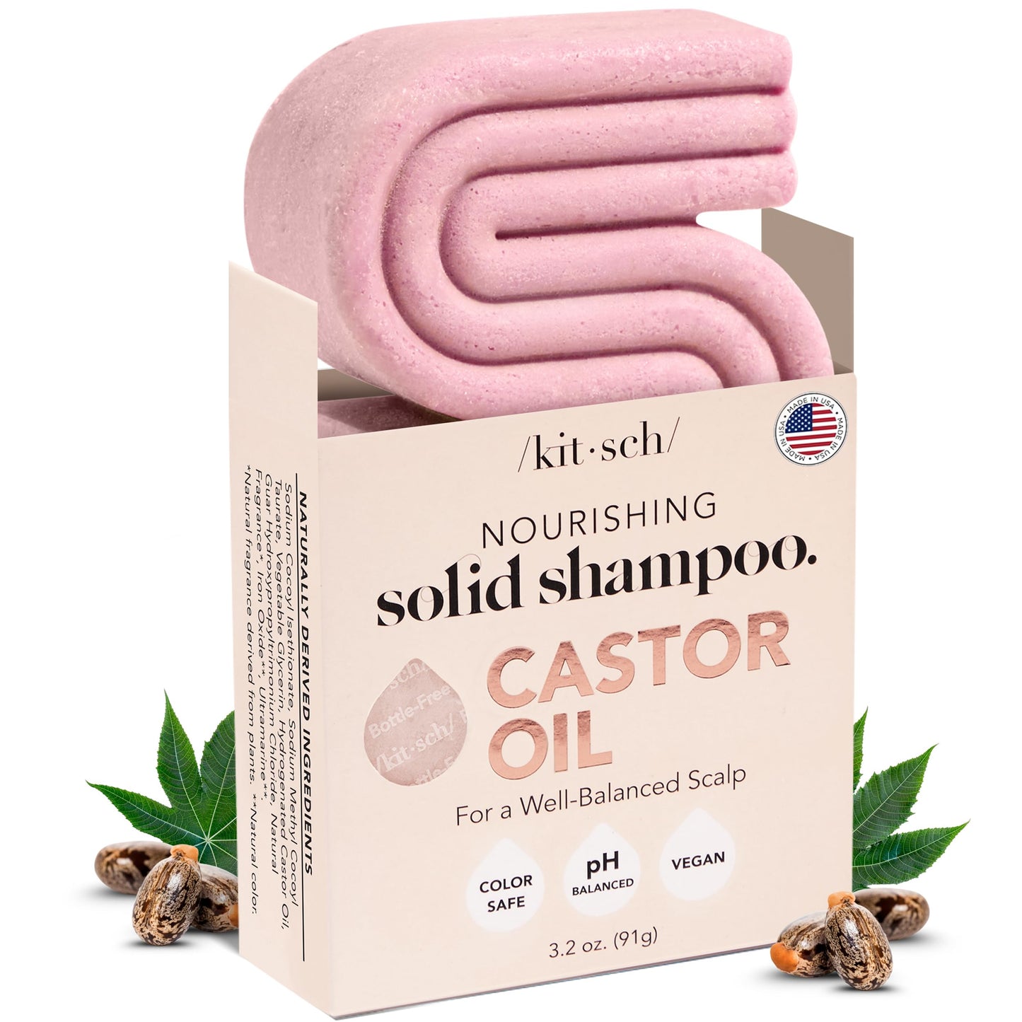 Kitsch Castor Oil Shampoo Bar Soap for Hair Care - Organic Castor Oil Solid Shampoo for Hair Growth & Scalp Nourishment - Hydrating & Moisturizing - Vegan, Paraben-Free, Made in USA - 3.2oz
