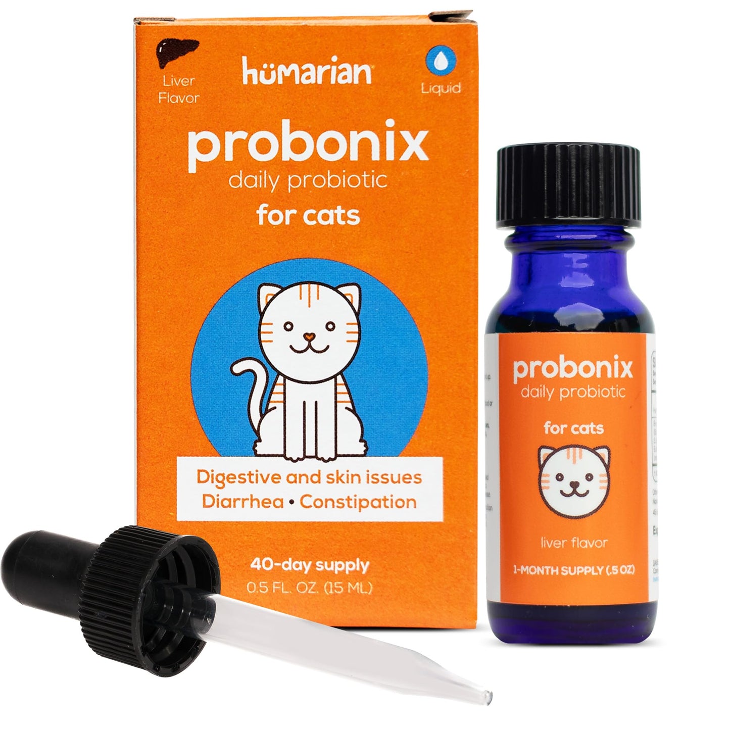 Humarian Probonix Liquid Probiotics for Cats - 8-Strain Cat Probiotic Drops to Fortify Feline Gut Health, Dental Health, Immunity and More - 30-Day Supply - Liver Flavor