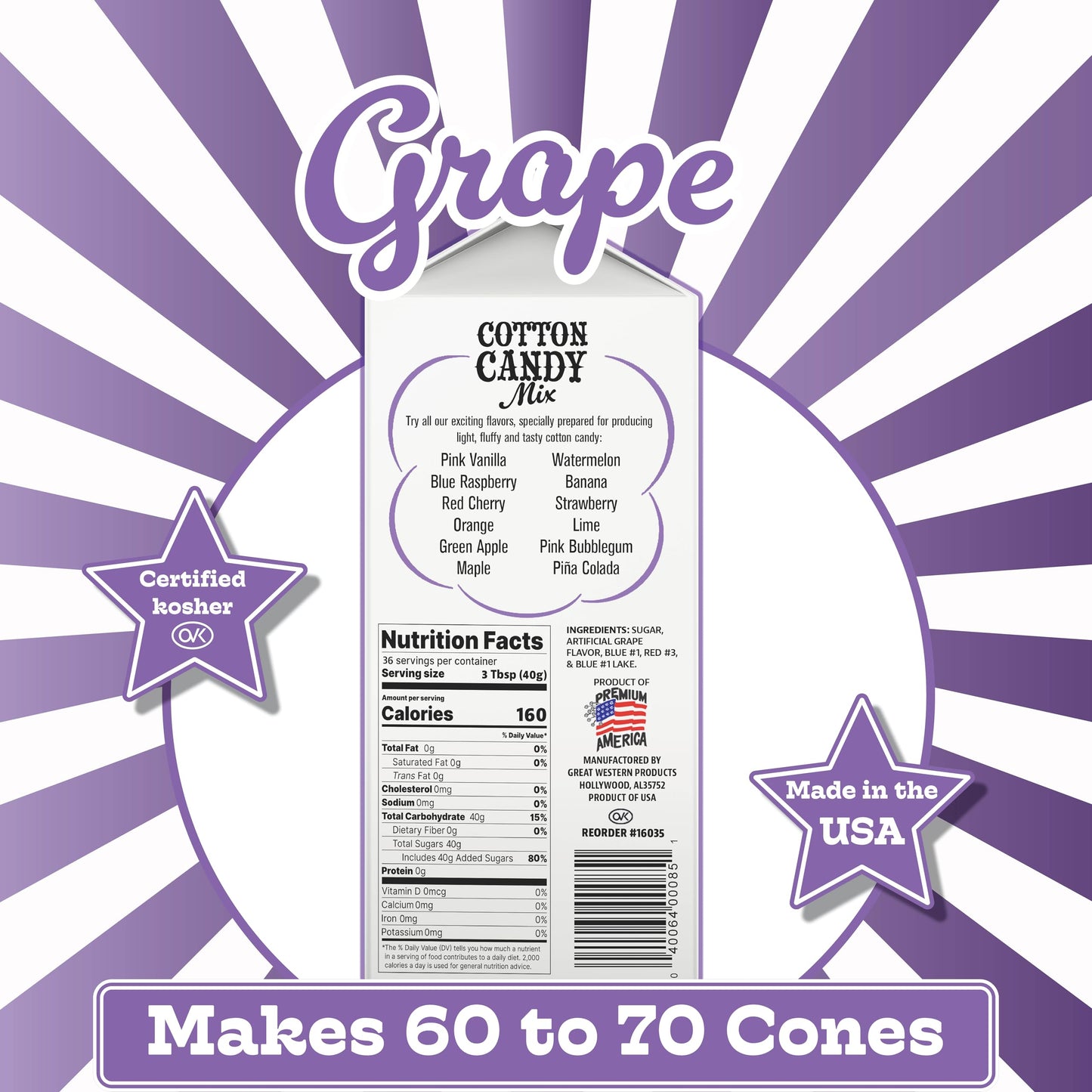 Premium America Grape Cotton Candy Floss Sugar Carnival-Style Fluffy Fun, Pre-Mixed & Ready to Use for Parties, Events & Festivals 3.25 lb Cartons Case of 3