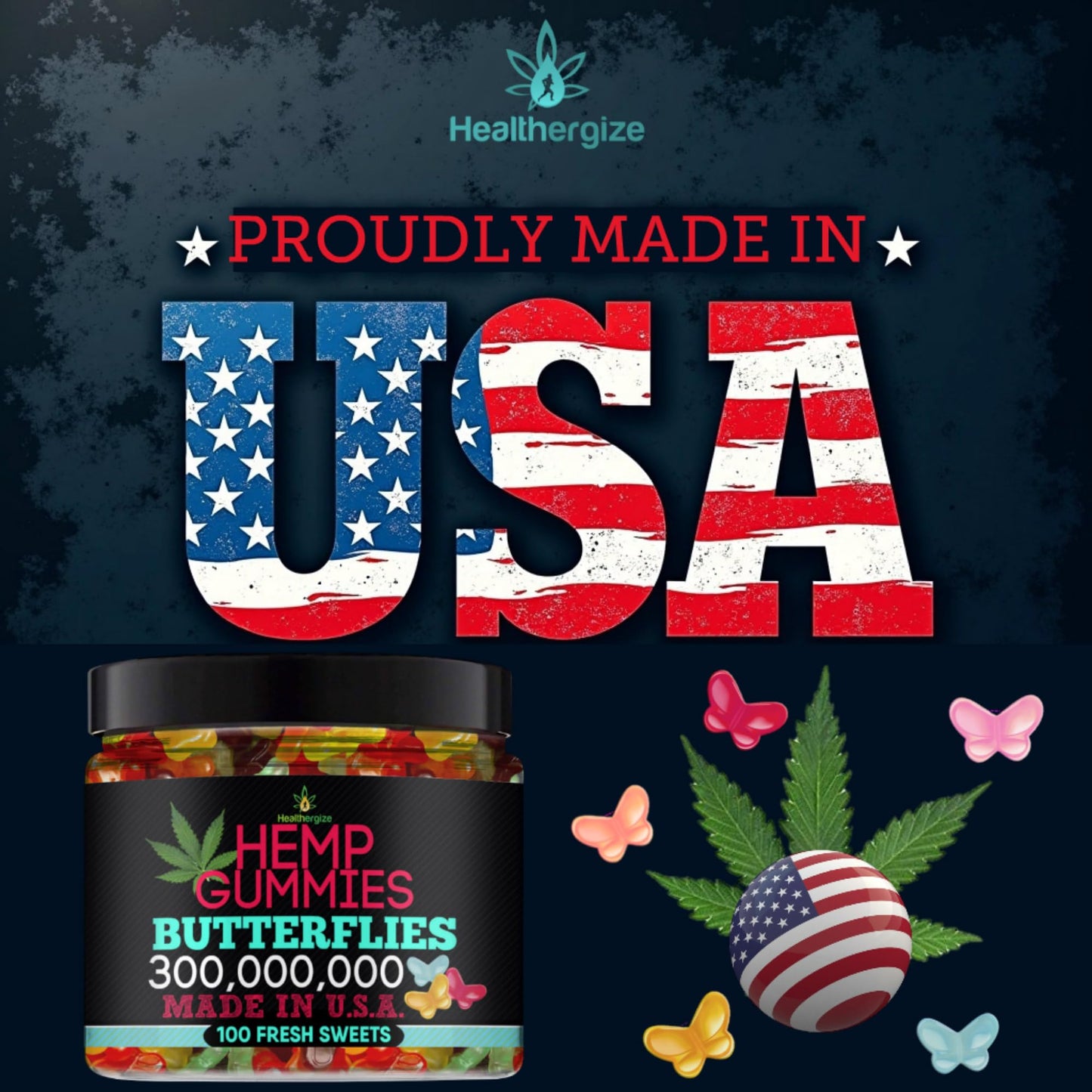 Healthergize Hemp Gummies Premium-Delicious Butterflies Gummy Bear Edibles-Fresh Fruity Flavors-Natural Candy Peace and Relaxation-for Sleep, Calm, Relax-Made in USA-100 Count