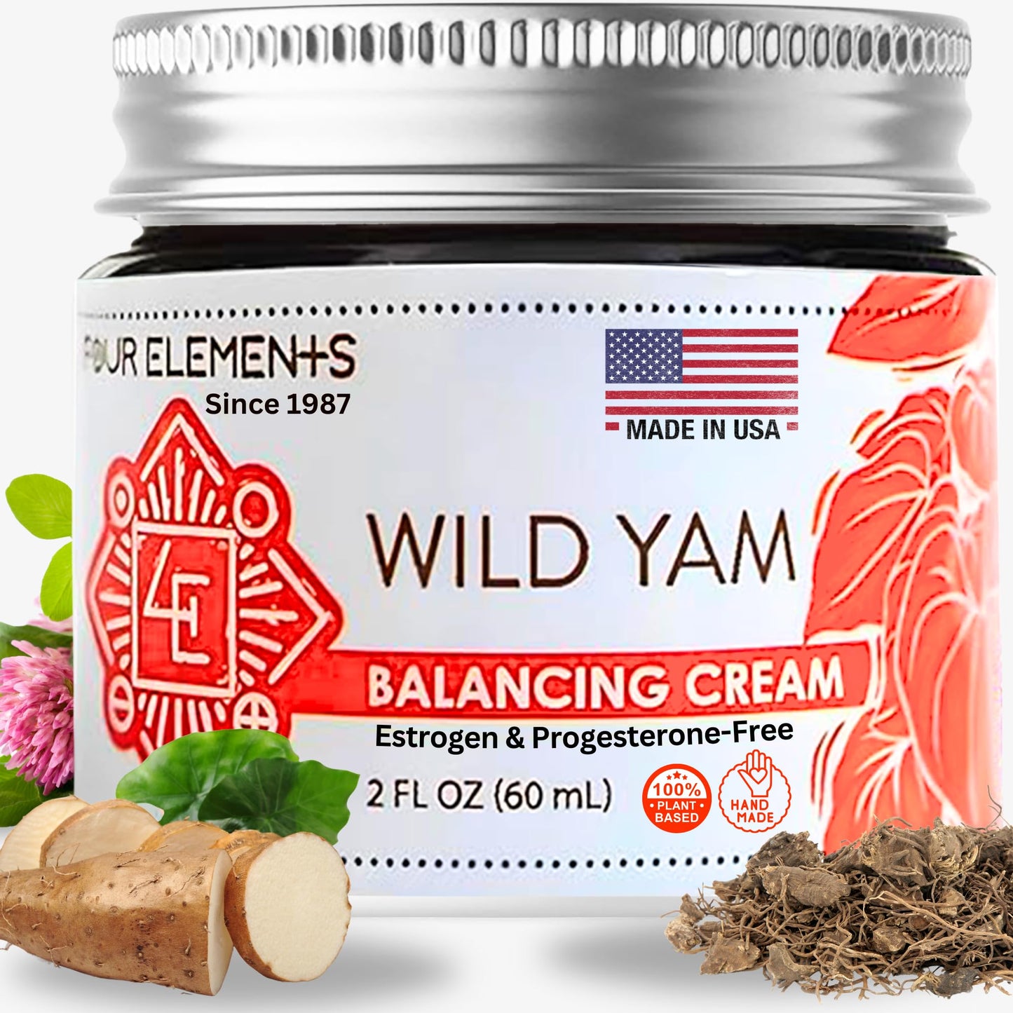 Wild Yam Cream for Hormone Support 2 Oz | Four Elements 4E Organic Wild Yam Balancing Cream for Women | Menopause & PMS Support - Estrogen & Progesterone Free | Proudly Farmed, Crafted & Made in USA