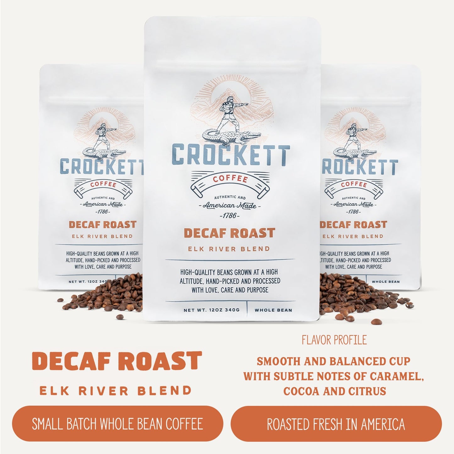 Crockett Whole Bean Coffee – Decaf Whole Coffee Beans with Bold Flavor, Smooth Finish & Full-Body Aroma – Perfect for Calm Energy, Late-Night Sipping & Guilt-Free Brewing