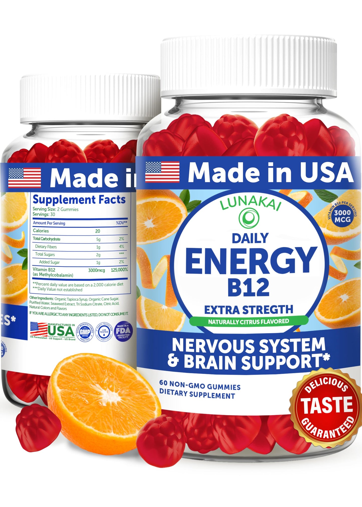 Lunakai Energy Gummies – USA Made Natural Energy Supplements – Vegan Vitamin B12 Gummies for Women & Men – Delicious Methyl B12 3000 mcg, 60ct