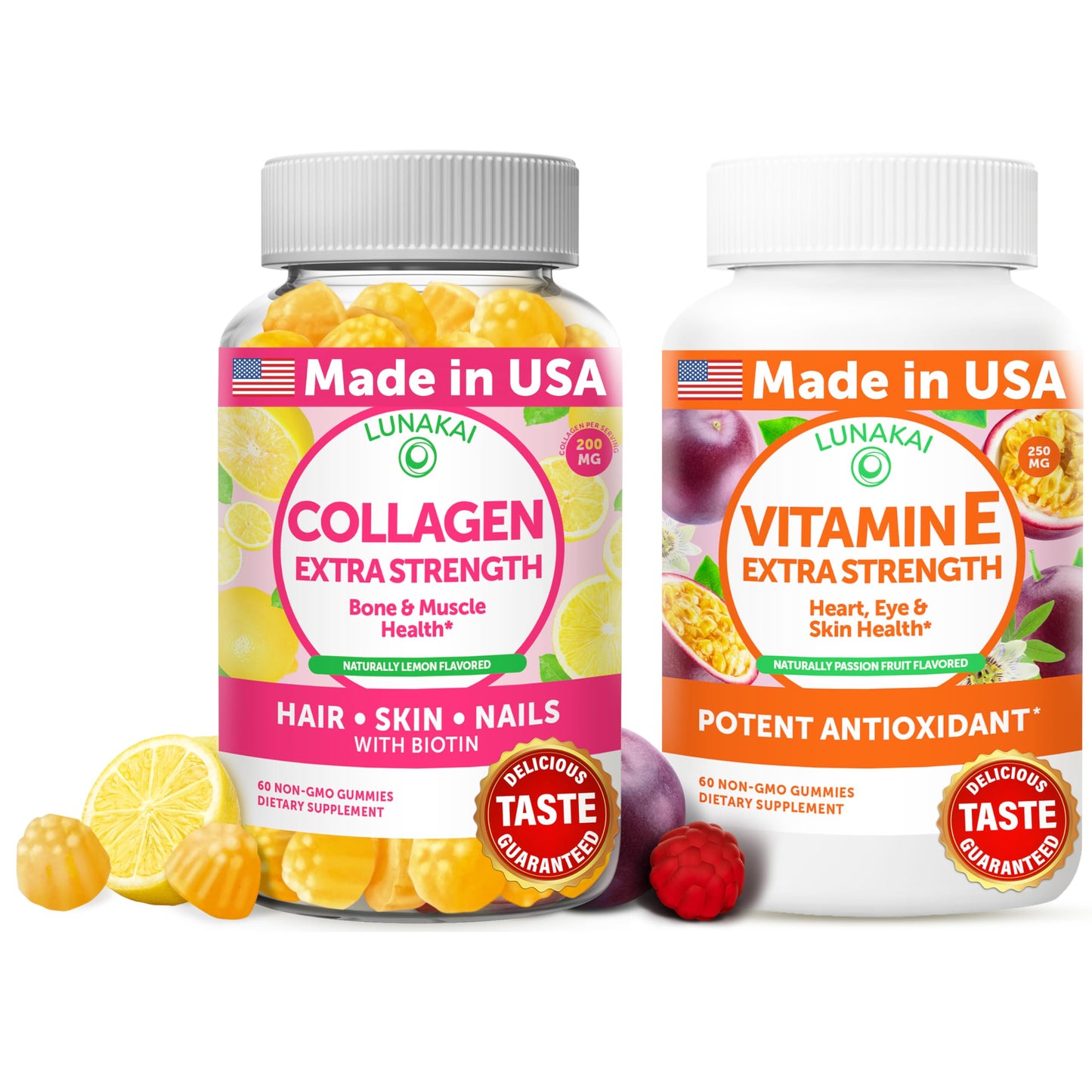 Lunakai Collagen and Vitamin E Gummies Bundle - Non-GMO Anti Aging Supplements for Men & Women - Natural Gummy with Vitamin C & 250 mg Natural VIT E
