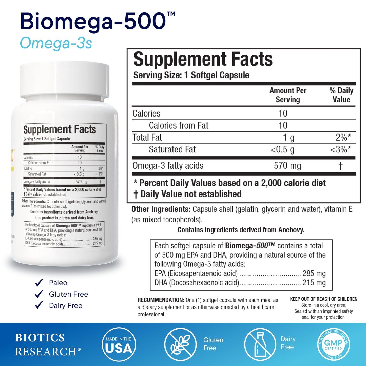 Biotics Research Biomega 500 Omega 3 Fish Oil Supplement, Highly Concentrated Fish Oil with EPA/DHA, Omega 3 Fatty acids, Supports Immune and Cardiovascular 90 Softgel Capsules
