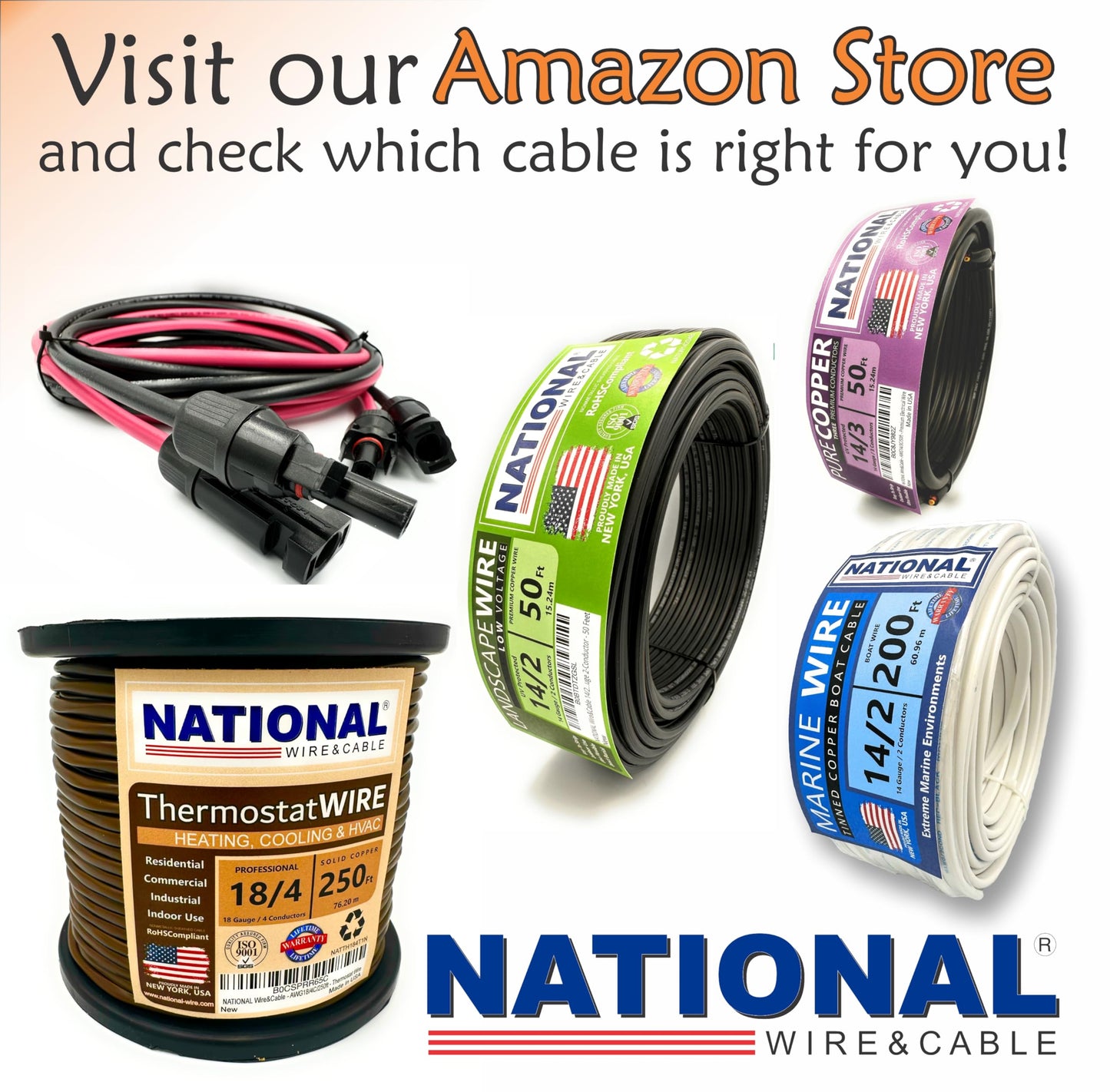 NATIONAL Wire&Cable - 12 Gauge 4 Conductors Premium Electrical Wire - Made in USA - 12 AWG Wire Stranded PVC Cord Copper Cable 50 Ft. Indoor and Outdoor Lighting Automotive Battery