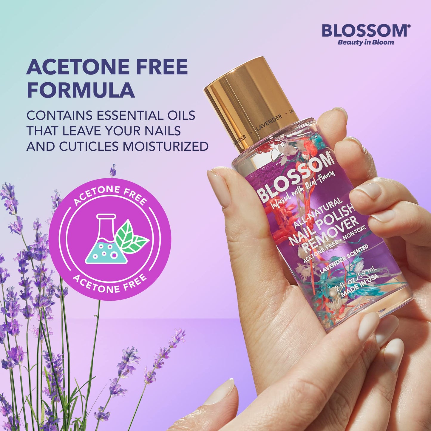 Blossom Non Toxic Nail Polish Remover Non Acetone, All Natural Scented, Vegan, Acetone Free Nail Polish Remover, Organic Plant-Based, Infused with Real Flowers, Made in USA, 2oz, Lavender