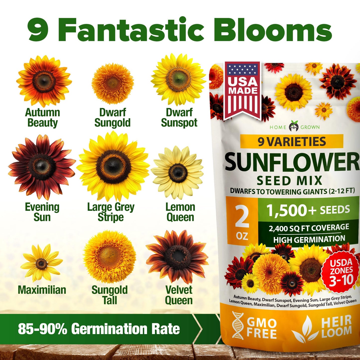 HOME GROWN Sunflower Seeds Mix Pack 1,500+ 9 Colorful Varieties of Sun Flower Seeds to Plant - 2-10ft Tall Plants, Pollinator Friendly π‘π’π‘-ππ π’ π¨π¦π β Easy to Grow, High Germination
