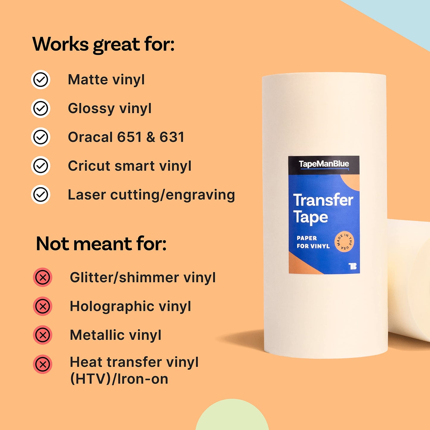 12" x 300' Roll of Paper Transfer Tape for Vinyl, Made in America, Premium-Grade Transfer Paper for Vinyl with Layflat Adhesive for Cricut Crafts, Decals, and Letters