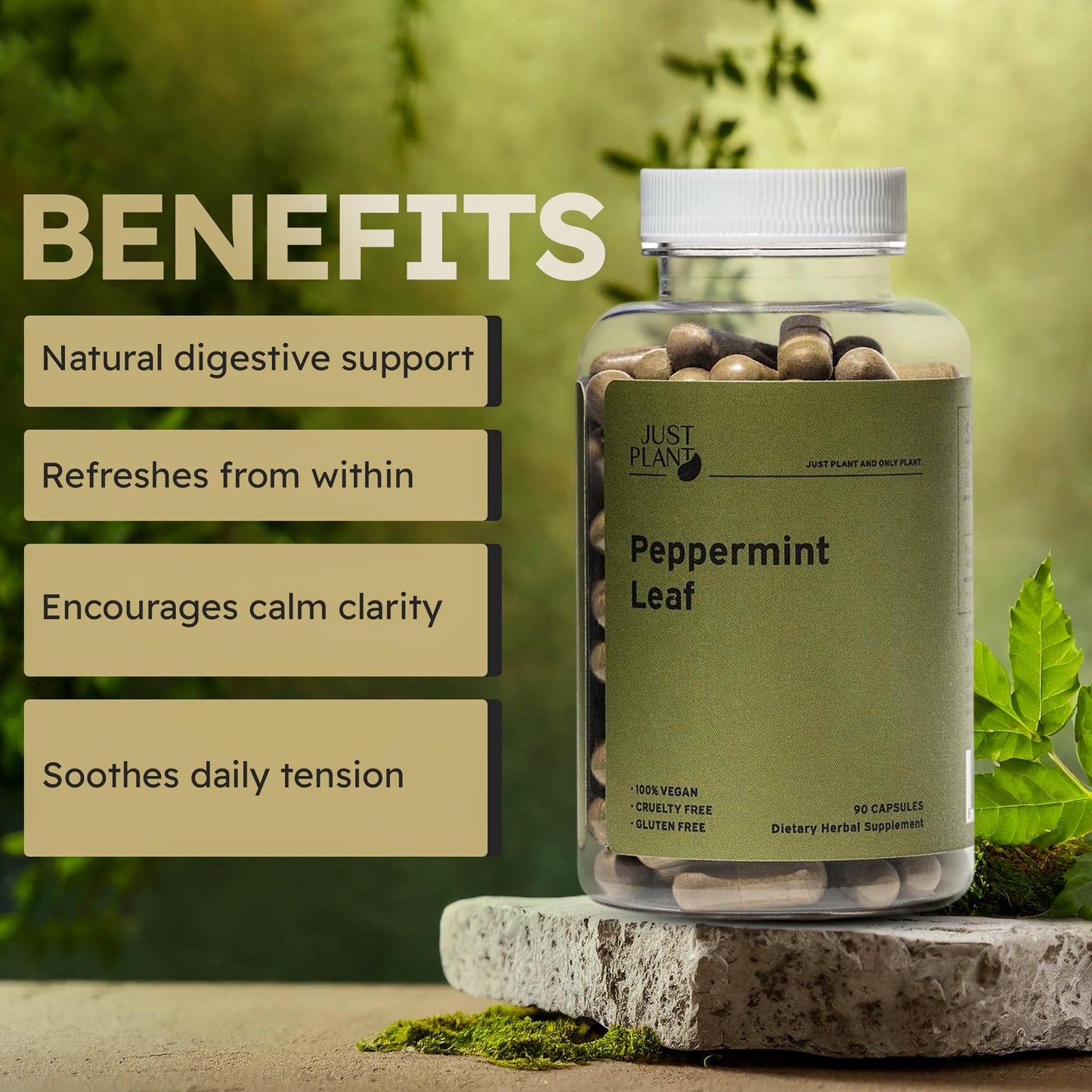 Vegan Peppermint Leaf Capsules 750mg, 90 Vegan Capsules | Gentle Digestive & Breath Support | Herbal Supplement | Organic, Gluten-Free