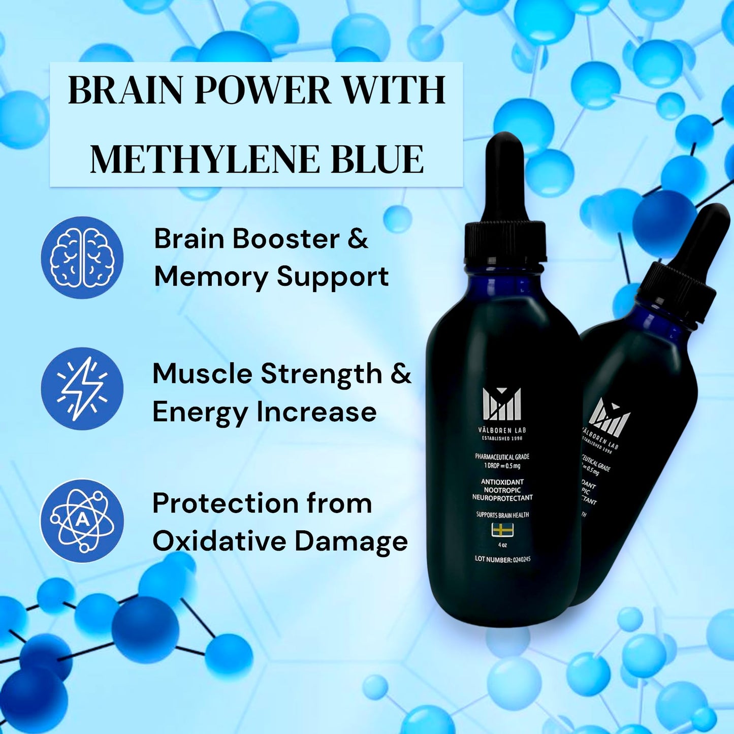 Methylene Blue Pharmaceutical Grade - Third Party Tested - Formaldehyde & Alcohol-Free - Methylene Blue 1% for Humans - USP Grade Brain Health Dietary Supplement - Made in USA (118ML Bottle)