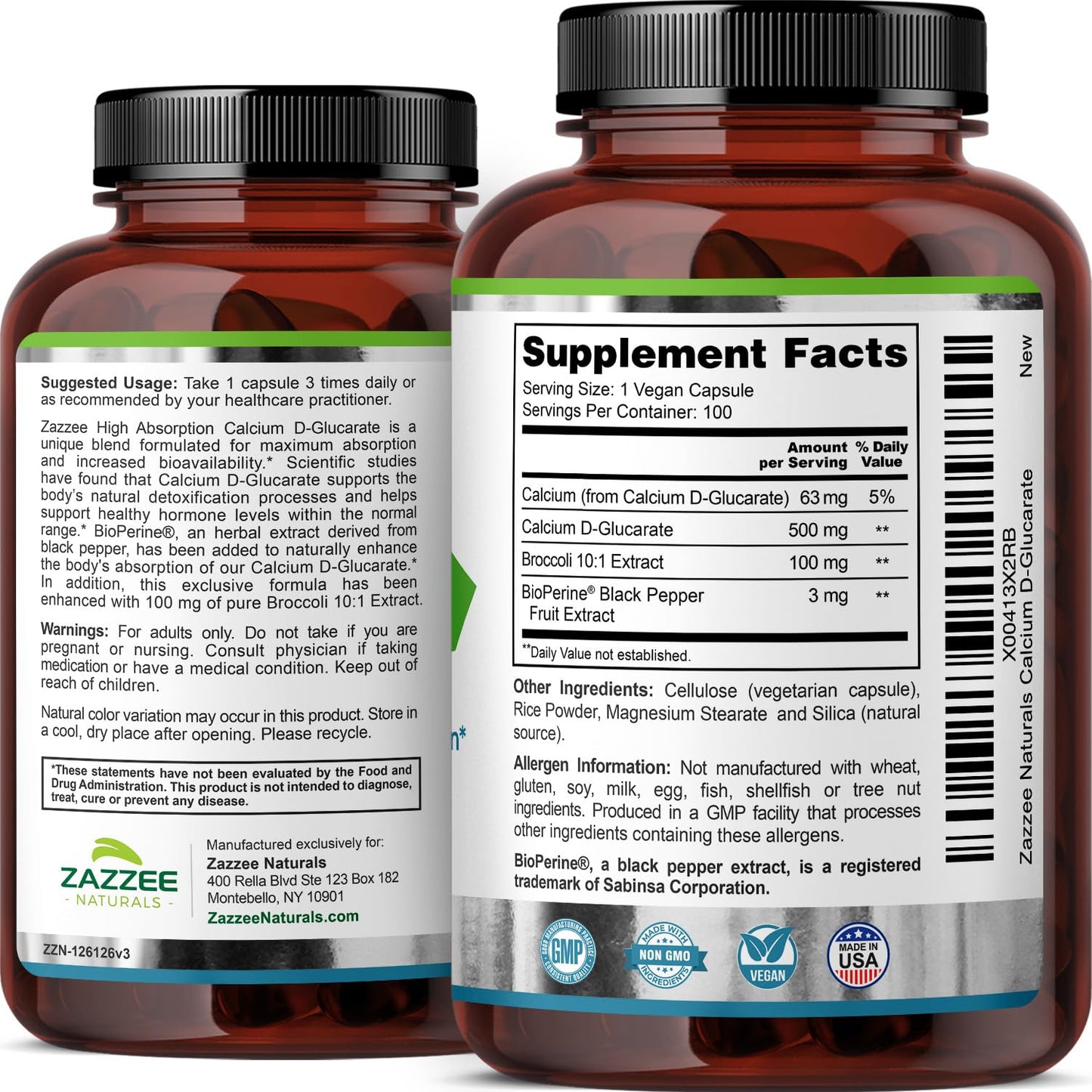 Zazzee High Absorption Calcium D-Glucarate, 500 mg per Capsule, 3 mg BioPerine for Enhanced Absorption, 100 Vegan Capsules, Plus Broccoli 10:1 Extract, 100% Vegetarian, CDG, All-Natural and Non-GMO
