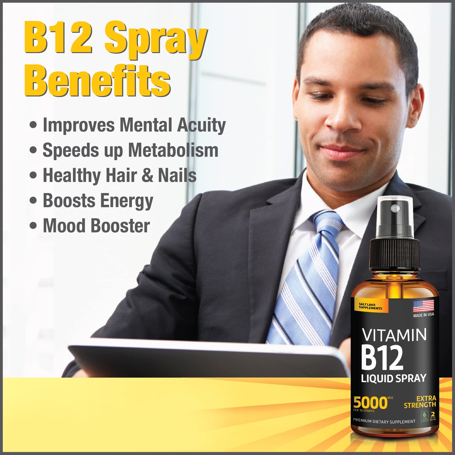 Vitamin B12 Sublingual Spray 5000 mcg – Vegan Methylcobalamin Liquid B12 Boost Energy, Mood & Brain Health - Gluten-Free, Non-GMO B12 Spray for Men & Women - Easy Dosage (5000 mcg in 10 Sprays)