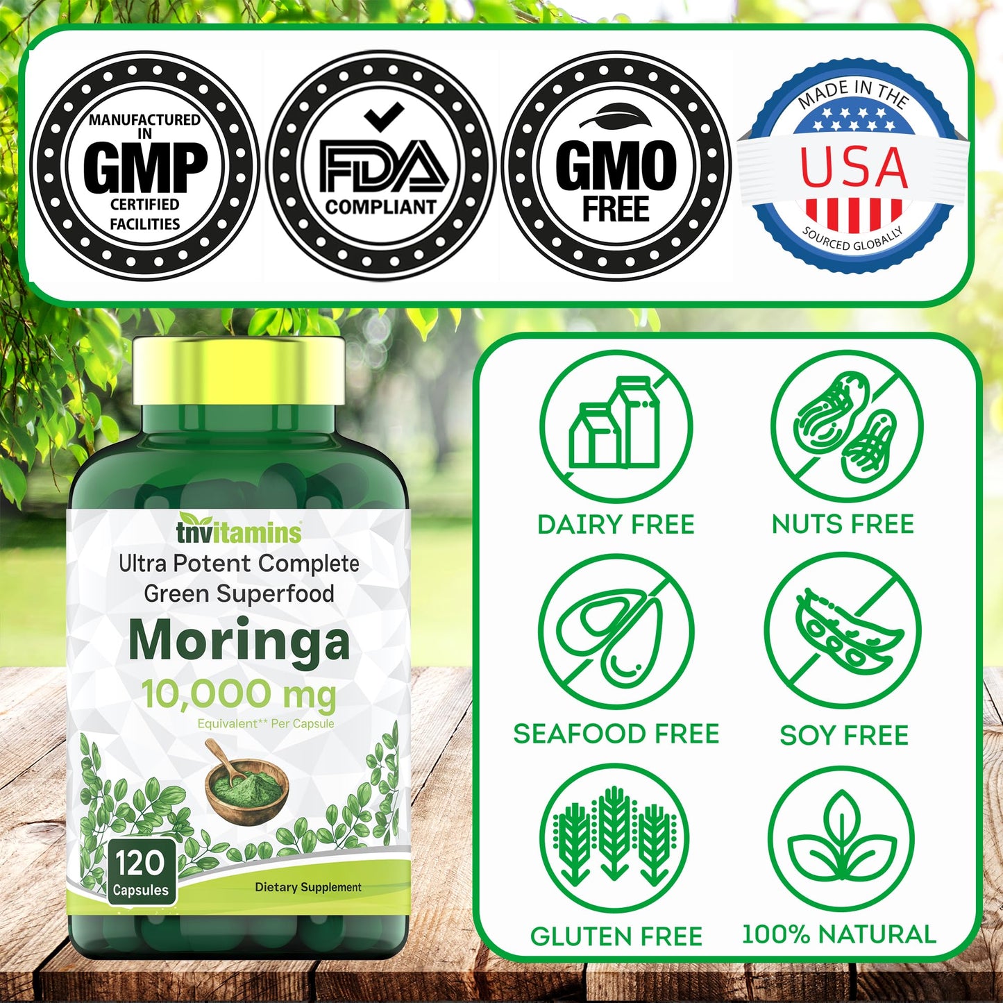 tnvitamins Moringa Capsules 10,000 mg - 120 Capsules | Pure Moringa Oleifera Leaf Powder Supplement | Powerful Green Superfood | Super Greens Powder Pills | Non-GMO, Made in The USA!
