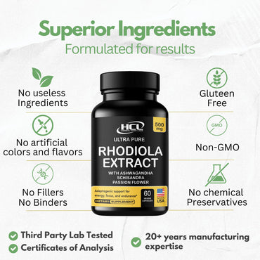 Rhodiola Rosea Supplement High Potency Extract 500mg - 3% Rosavins 1% Salidrosides with Ashwagandha Shisandra Passion Flower Herb Powder Capsules - Natural Way to Relieve Stress - Pills for Energy