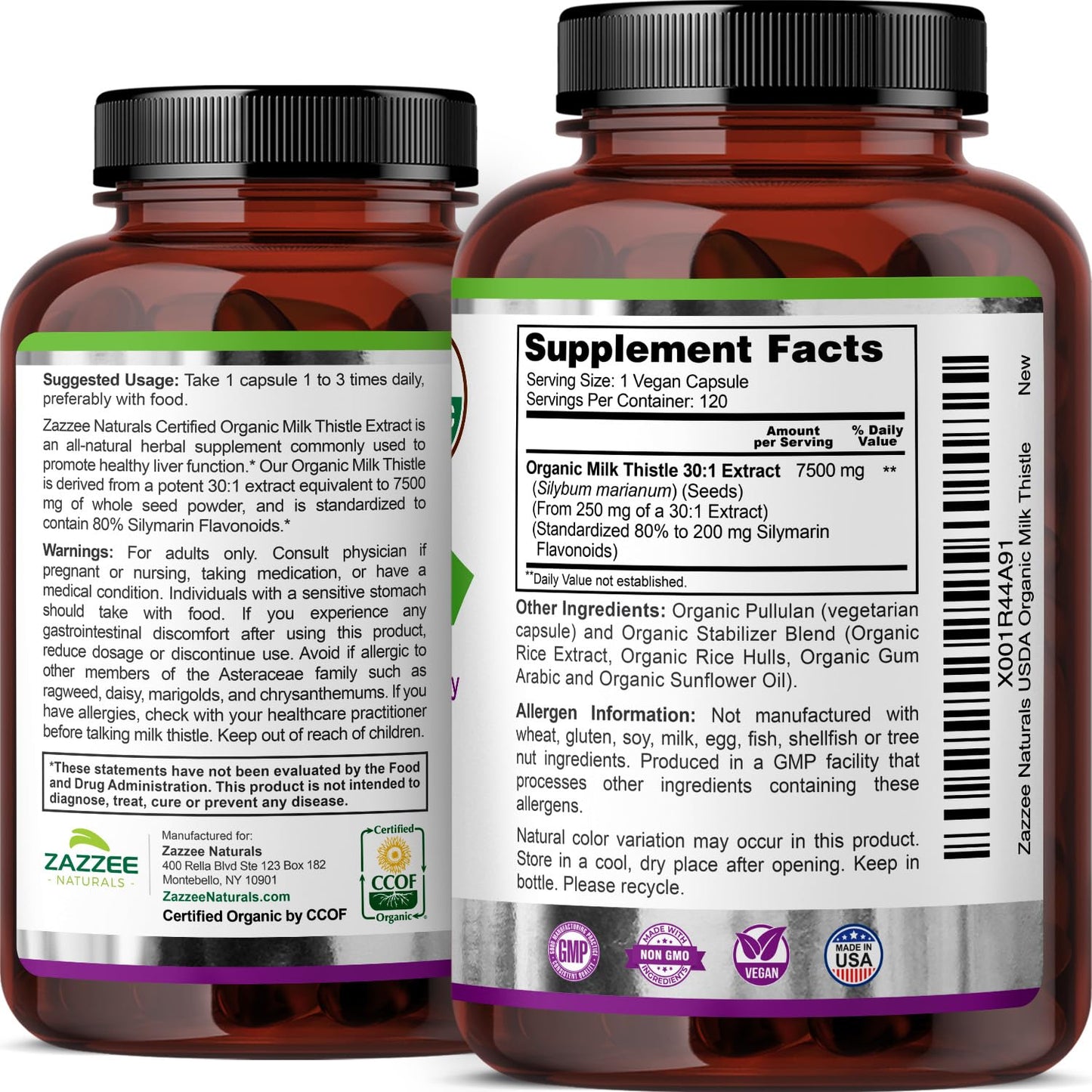 Zazzee USDA Organic Milk Thistle 30:1 Extract, 7500 mg Strength, 120 Vegan Capsules, 80% Silymarin Flavonoids, Standardized and Concentrated 30X Extract, 100% Vegetarian, All-Natural and Non-GMO