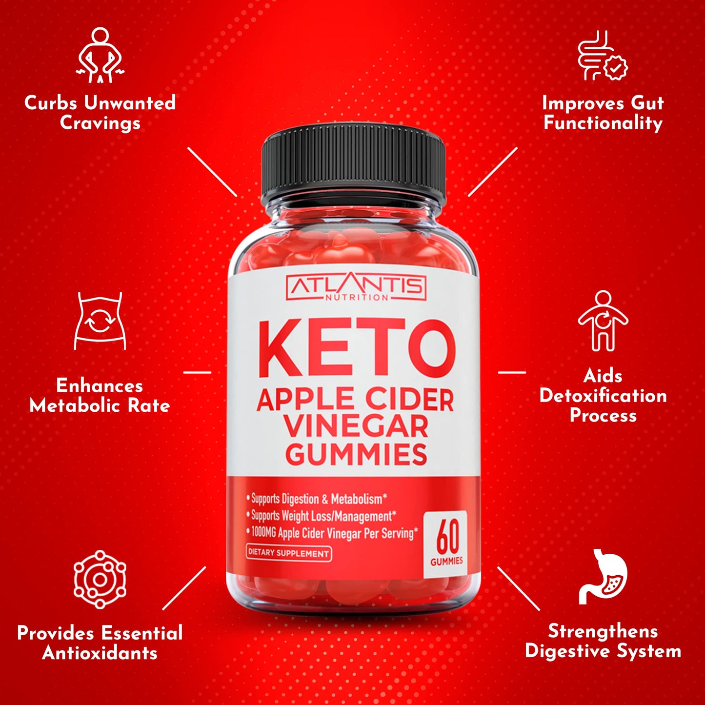 Atlantis Nutrition Keto ACV Gummies for Weight Loss - Apple Cider Vinegar Gummies Formulated to Support Advanced Weight Loss, Digestion, Detox & Cleansing, Made with 1000MG ACV Per Serving - 60 Count