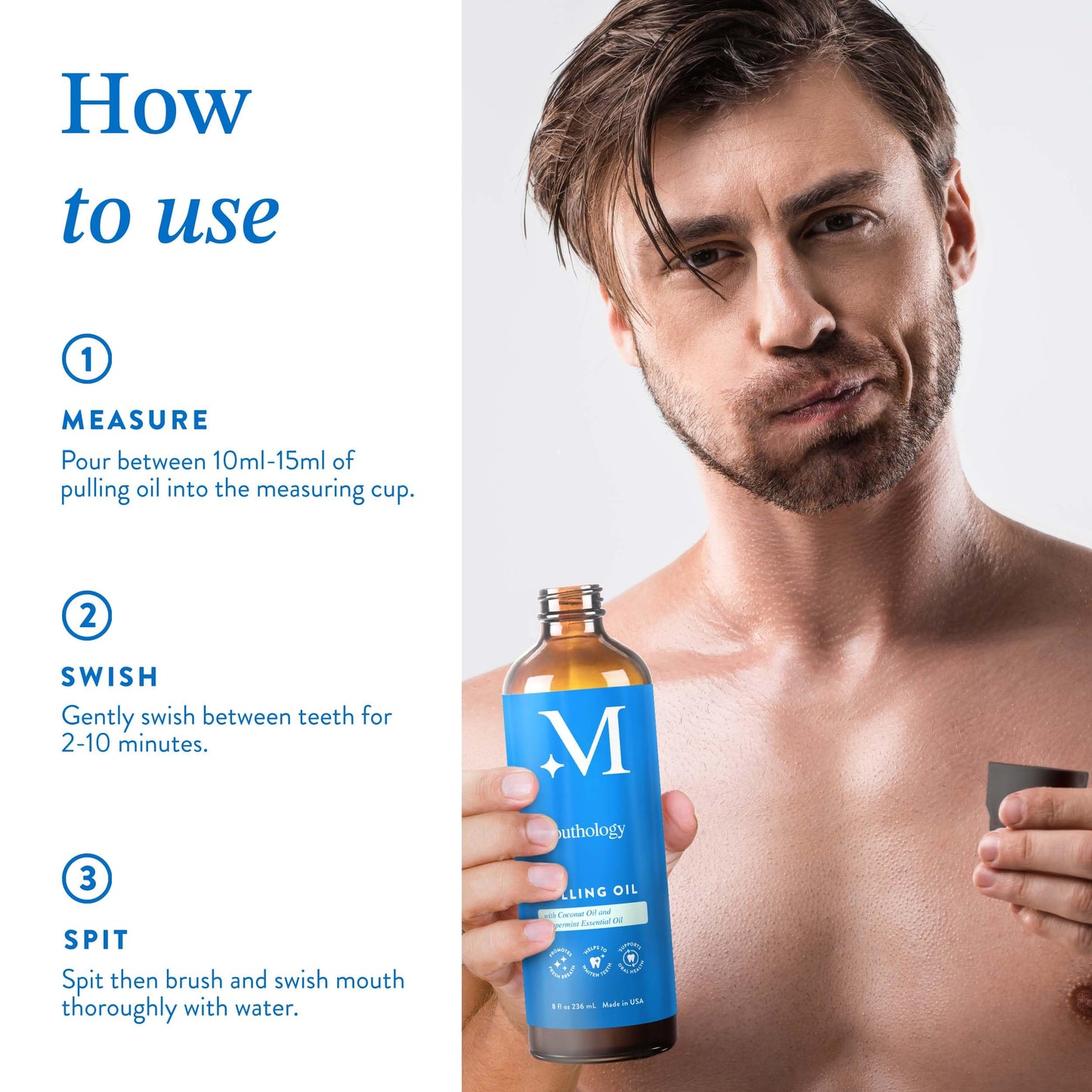 Mouthology Coconut Oil Pulling for Teeth and Gums (Made in USA), Whitening Pulling Oil Coconut Mint Mouthwash for Fresh Breath Ayurvedic Oil Pulling Mouth Gum Health with Tongue Scraper Oral Care 8oz