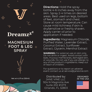 Jane Vine Dreamzzz Magnesium Spray for Feet and Sleep – Blended Formula Magnesium Oil with Lavender & Coconut Oil - Topical Magnesium Body Foot and Leg Spray for Women - Reduced Stickiness - 4.2 oz