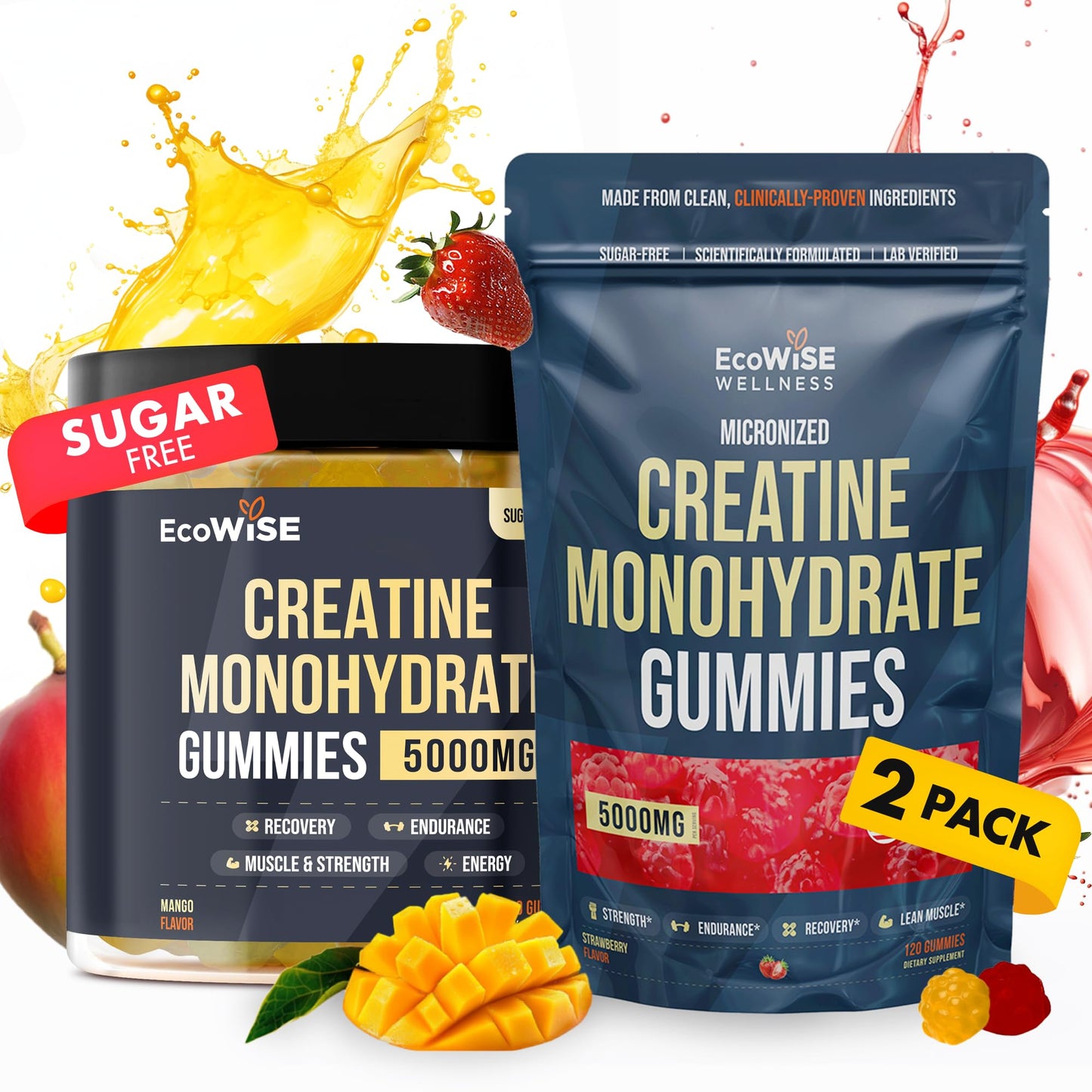 EcoWise Wellness Creatine Monohydrate Gummies 5g, Chewables for Men & Women, Gluten-Free, Sugar Free, Vegan, Bundle Mango + Strawberry, 240 Count