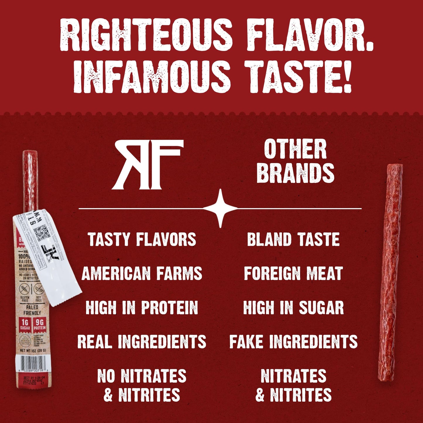 Righteous Felon Meat Sticks | 100% Beef Sticks | Gluten Free & Keto Meat Sticks | Low Sugar & High Protein Beef Sticks | Healthy Snack for Adults | Jerky Gifts for Men | OG Hickory, 10 Pack