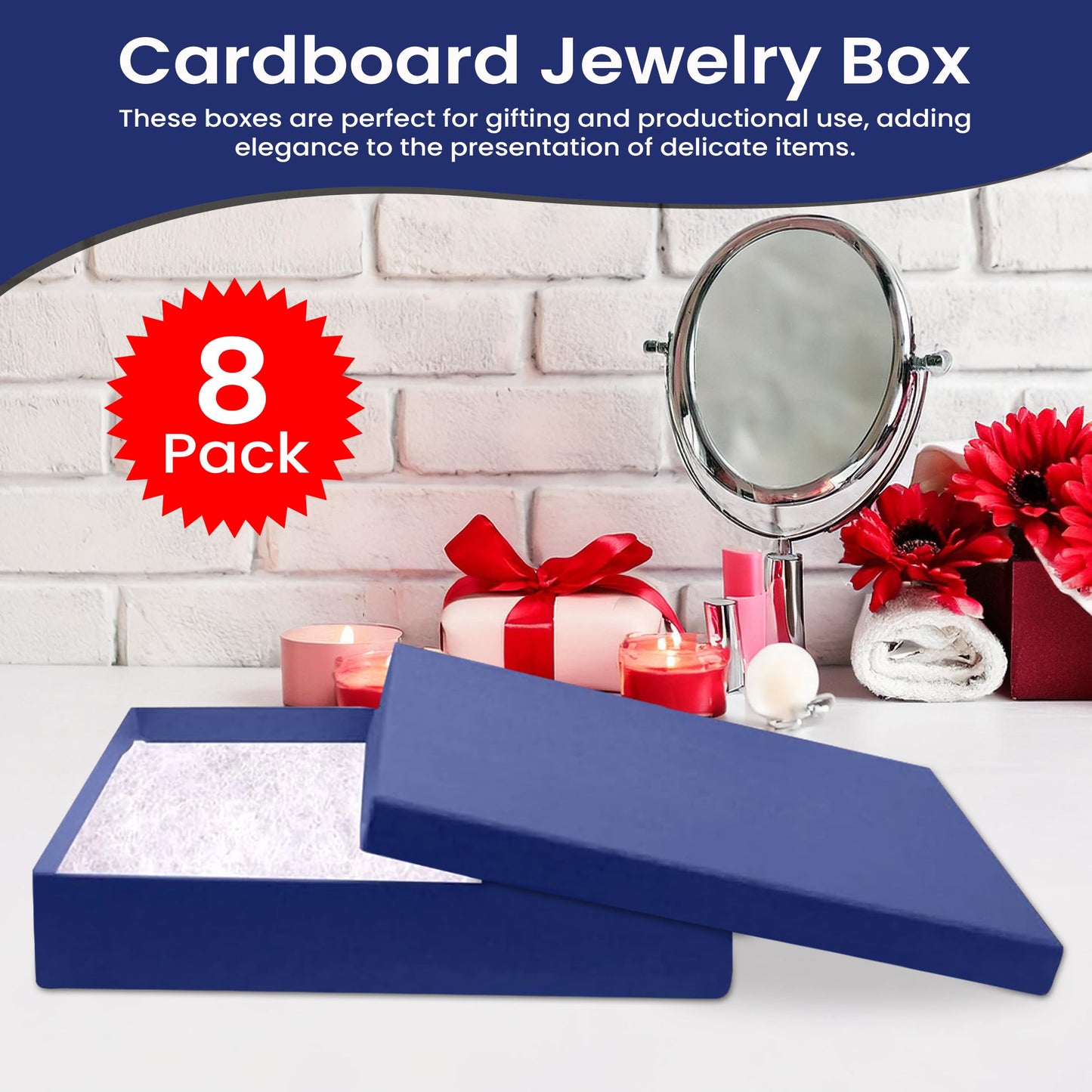 Novel Box 8 Pack Blue Jewelry Gift Box 7x5x1.25in with Cotton Filled | Cardboard Jewelry Box | Gift Boxes with Lids Made in USA | Boxes for Bracelet Necklace Ring Earrings