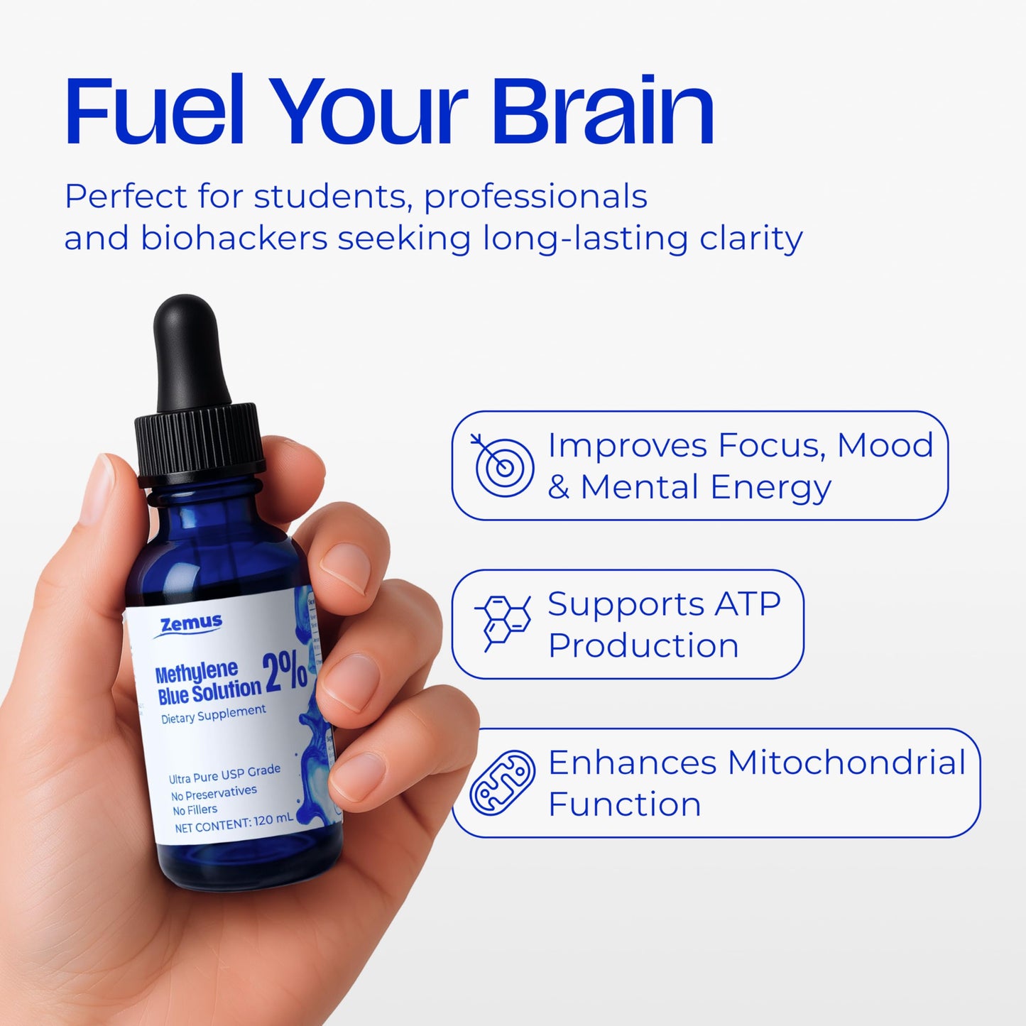 Zemus Methylene Blue 2% – 120 ML (4.06 fl oz) - 120 Day Supply - Nootropic Supplement – Ultra Pure USP Grade, – Made in USA, No Preservatives, Non-Therapeutic, Lab-Tested