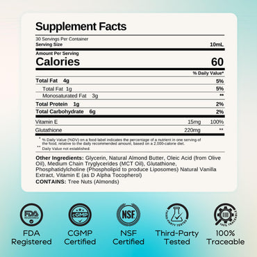 Liposomal Glutathione Supplement Squeeze Packs – Vitamin E and MCT Oil – Skin, Hair and Nail Health– High Absorption - Vanilla Almond – 30 Single-Serve Packets