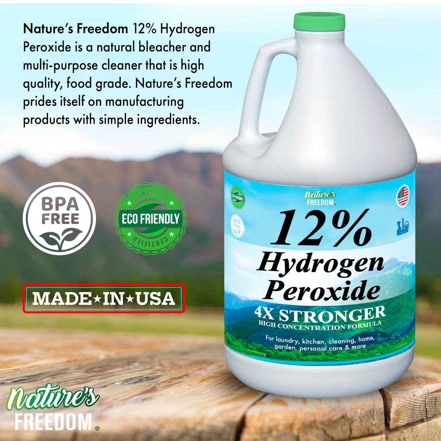 Nature's Freedom 12% Hydrogen Peroxide, Food Grade H2O2 and Purified Water Only, 1 Gallon Solution