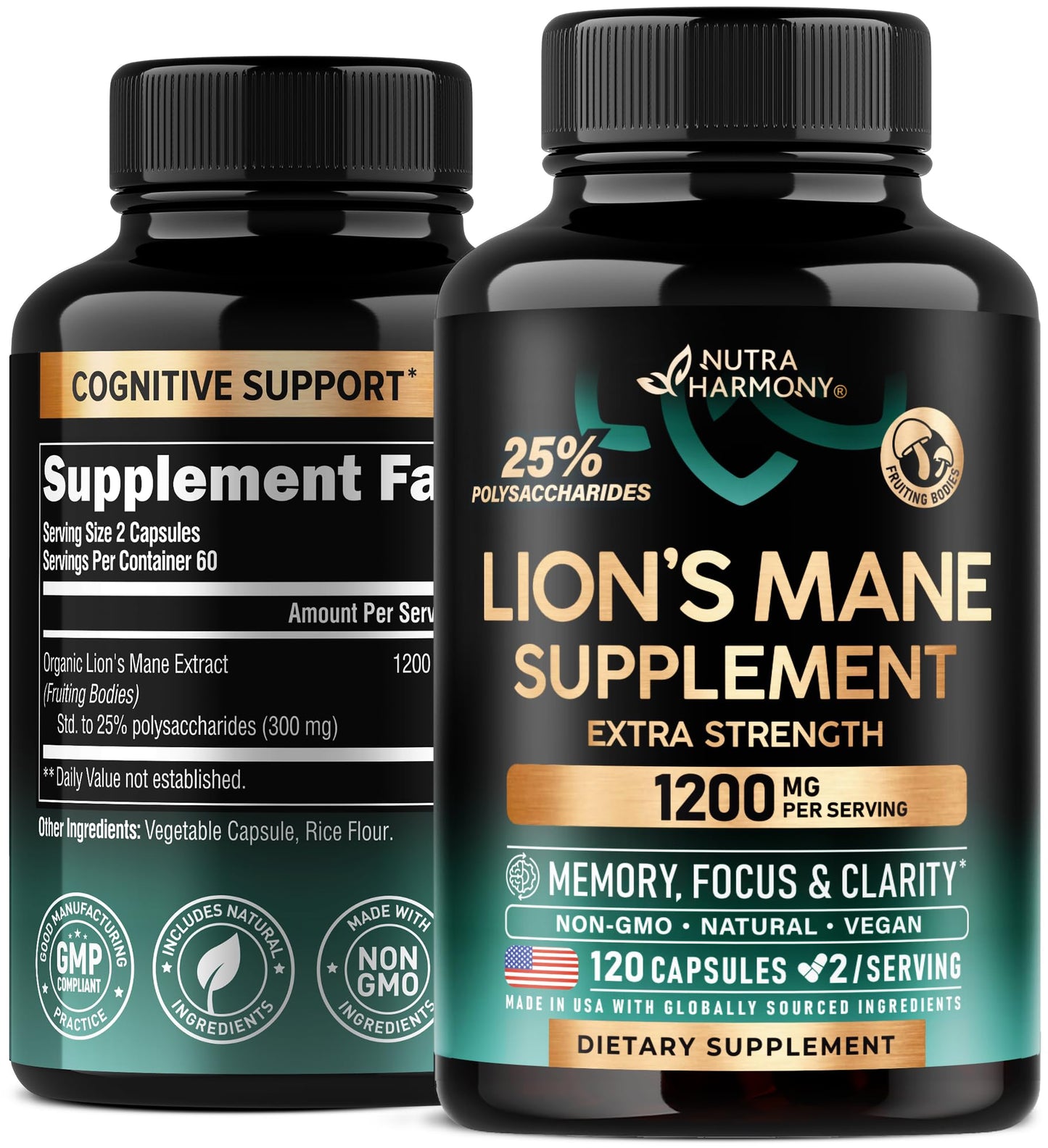 Lions Mane Supplement Capsules - Organic Lions Mane - Made in USA - Fruiting Bodies Extract - 1200 mg, 25% Polysaccharides - Memory & Focus Support - As Lions Powder - 120 Capsules, 2 Month Supply