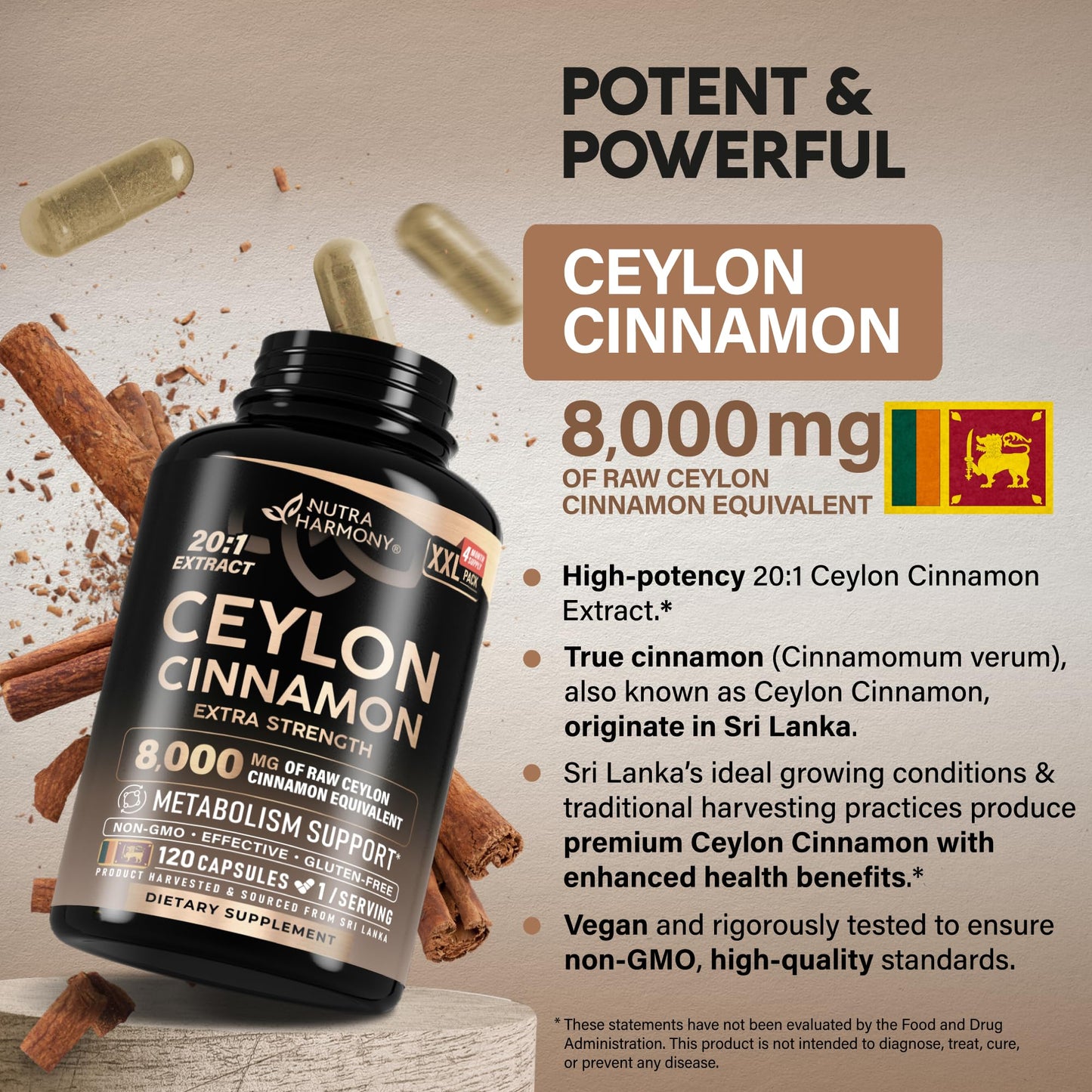 Ceylon Cinnamon Capsules - Extra Strength - Energy, Heart & Metabolism Support - for Men & Women - Pure Natural Extract 20:1 Supplement - Made in USA - GMO & Gluten Free, 120 Capsules, 4 Month Supply