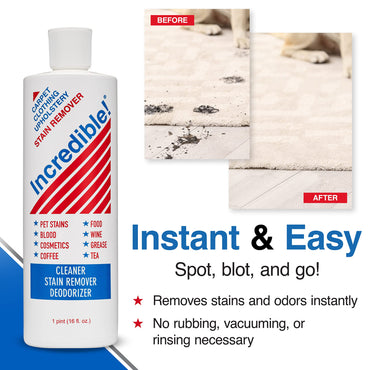 INCREDIBLE! Stain Remover - Instant Spot Remover For New and Old Stains - Blood, Red Wine, Coffee, Urine, Cosmetics, Pet Stains and Odor Eliminator - Carpets, Mattress, Laundry, 16.oz (2 Pack)