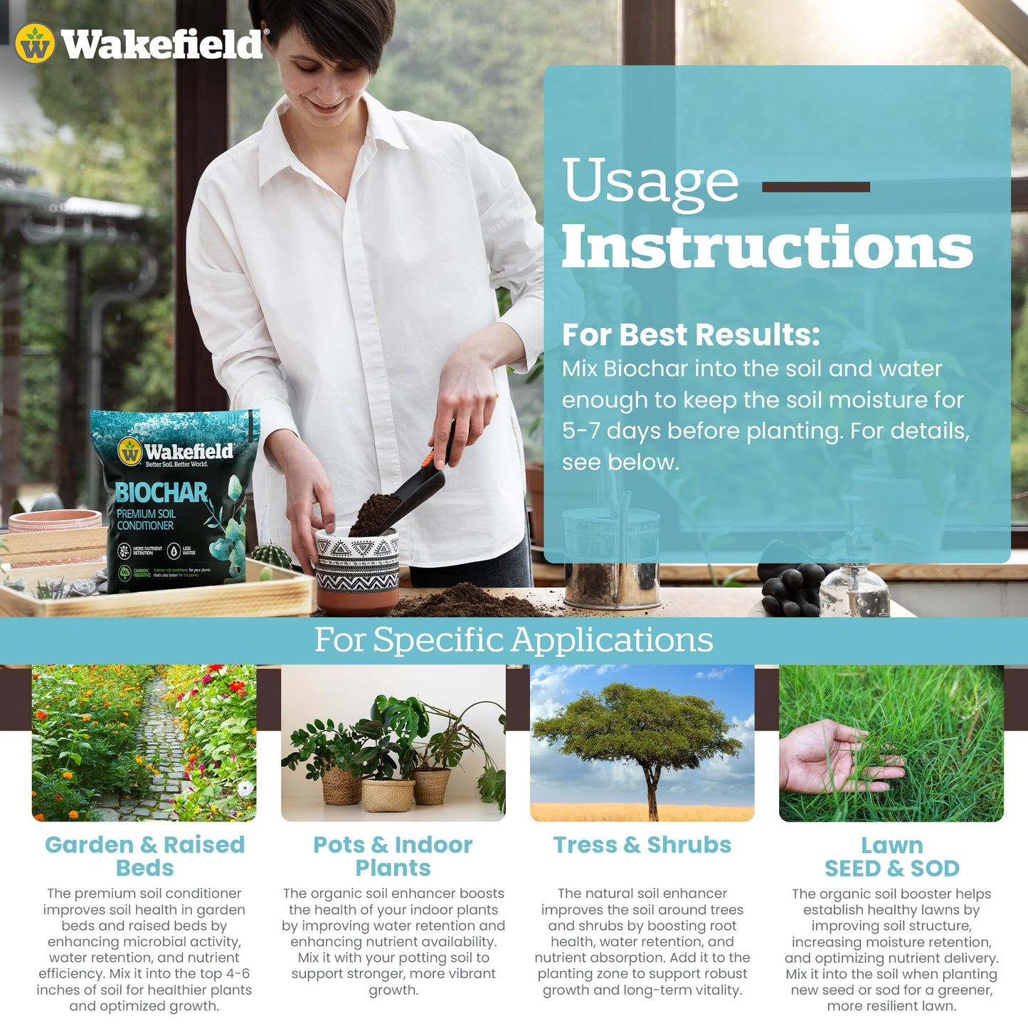 Wakefield Premium Organic Biochar Soil Amendment & Soil Conditioner – Certified Carbon-Negative Nutrient-Locking, Water-Efficient Bio Char for Plants & Lawns - Soil Amendments for Lawn - 2 Quart
