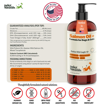 Deley Naturals Wild Alaskan Salmon Oil for Dogs - New & Improved Salmon Oil Plus Formula - Fish Oil for Dogs with DHA EPA Omega 3 & 6 Fatty Acids - Omega 3 Fish Oil for Skin & Coat - 16oz Made in USA