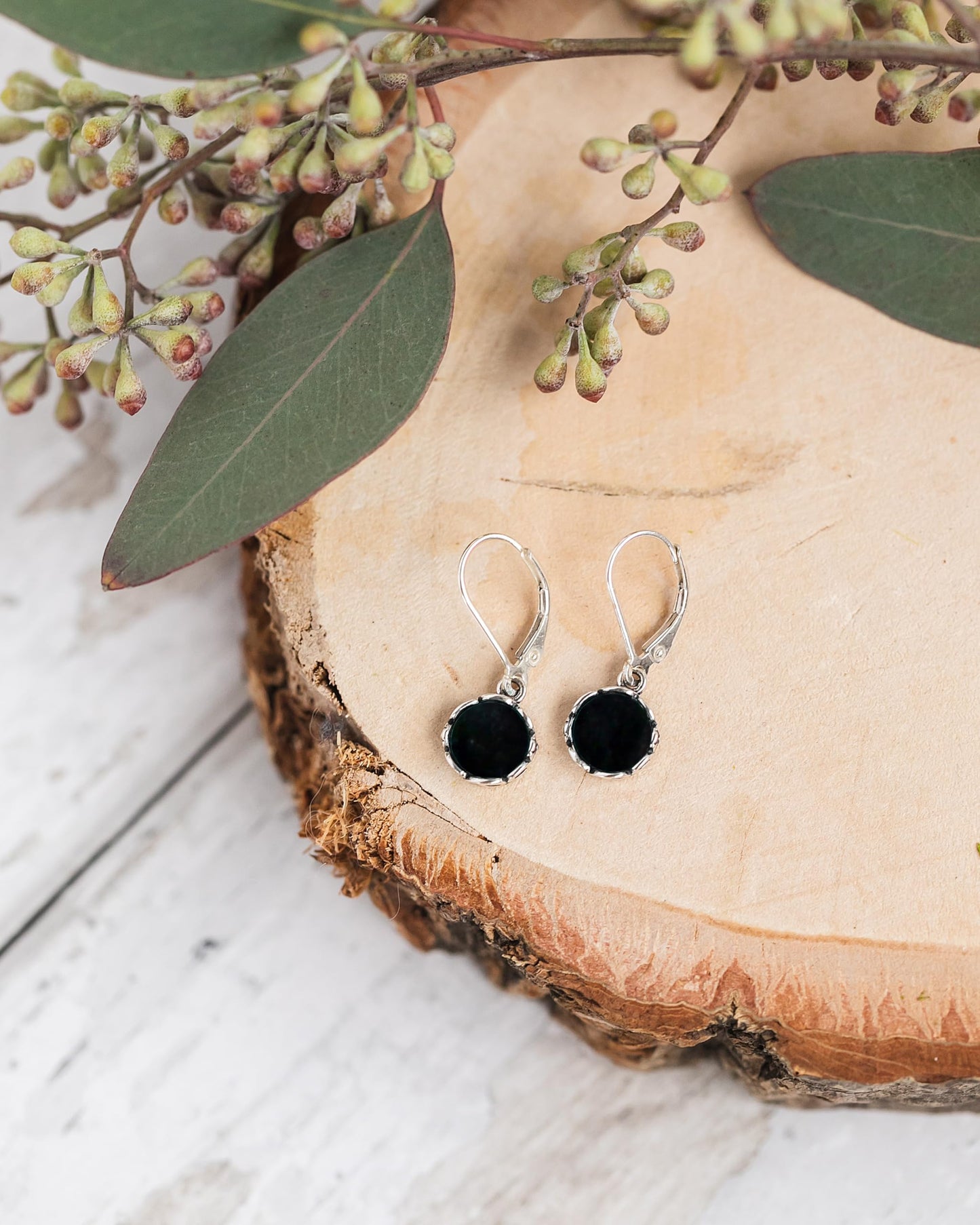 Bottled Up Designs Handmade Vintage White Leverback Botanicals Earrings, Sterling Silver, Eco Friendly, Made in USA, Birthday Gifts, Mothers Day, Women, Anniversary (Black Depression Glass)