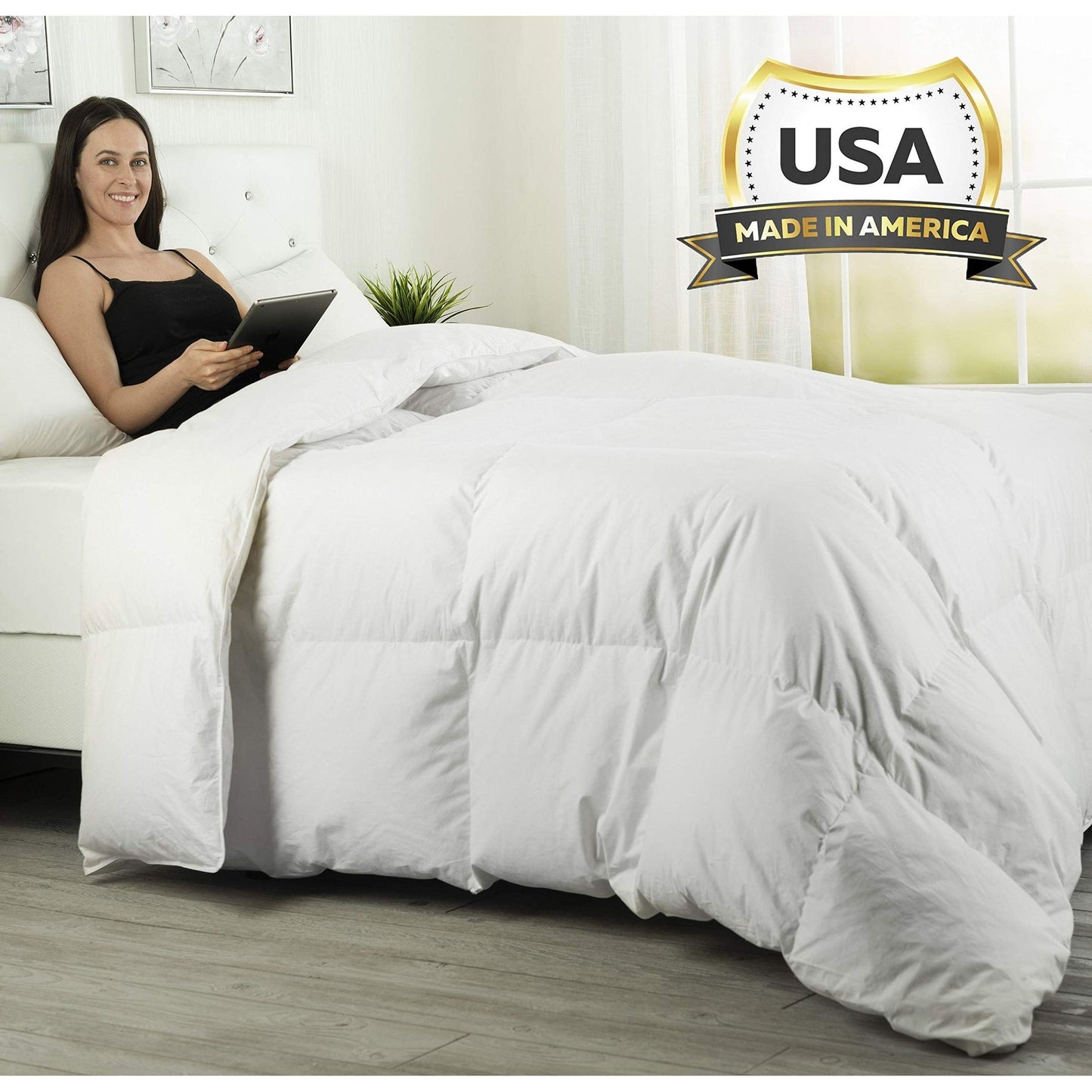ComfyDown Goose Down White Comforter - Made in USA - 100% Egyptian Cotton 600 Thread Count Cover, 800+ Fill Power, Light Weight, All Season Washable Duvet Insert with Corner tabs - Queen