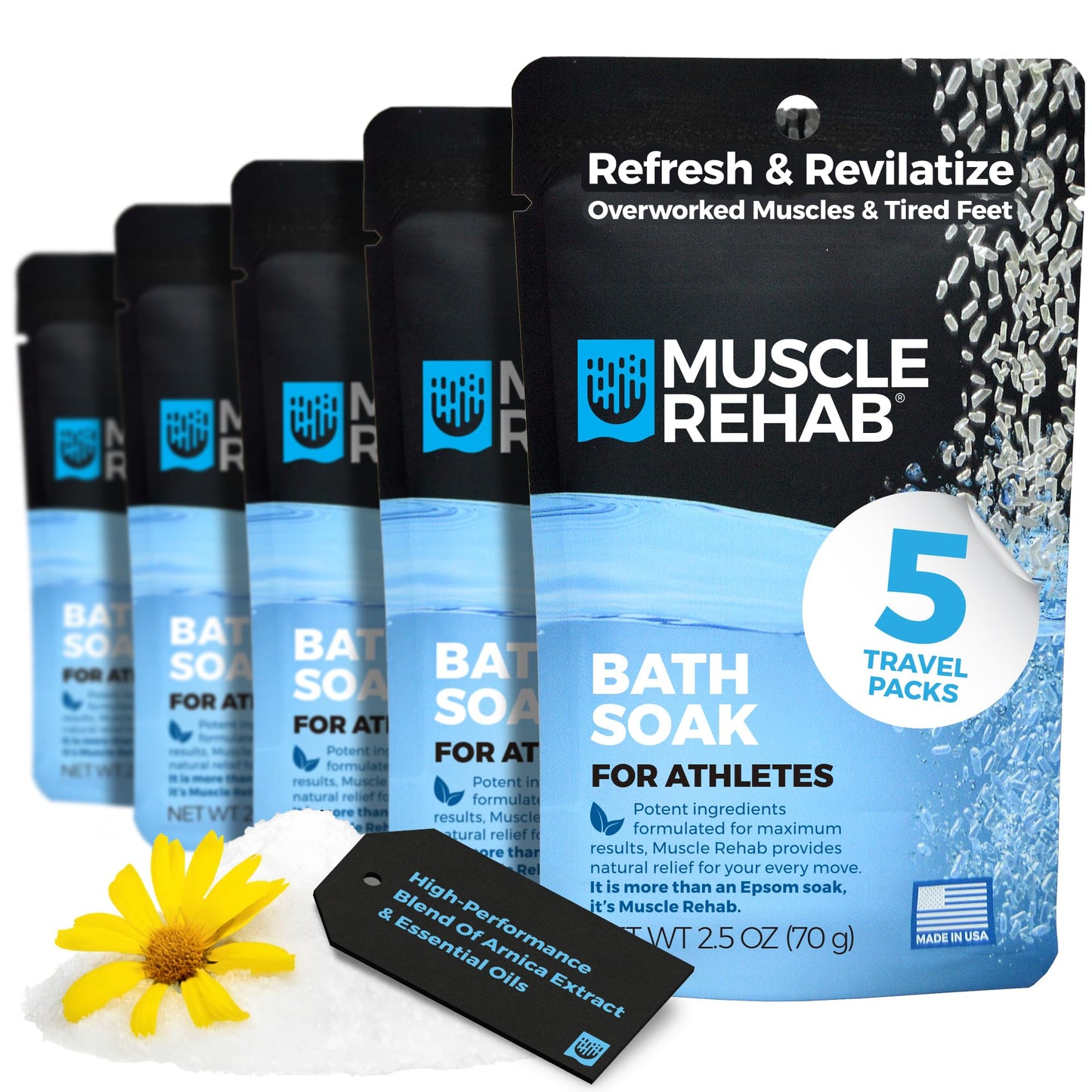 Muscle Rehab| (5) Travel Epsom Soak Packets Arnica, Magnesium Salt, Body, Hand, Foot Pain Relief, Sore Feet Relief, Foot Bath Soak, Epson Salts for Soaking Feet, Stiffness and Pain Relief, Single use