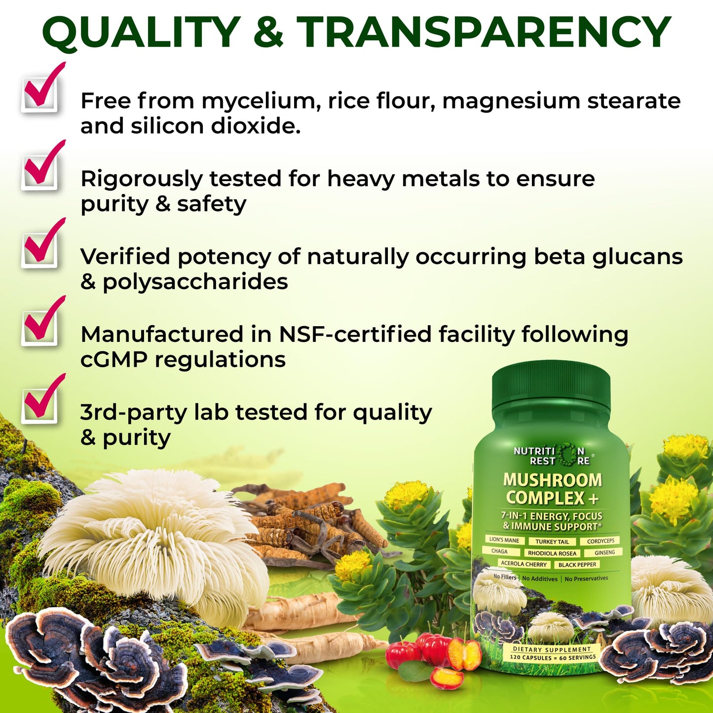 Organic Mushroom Complex: Lion's Mane, Turkey Tail, Cordyceps, Chaga, Contains Naturally Occurring Beta Glucans - Organic Energy & Immune Support Blend: Rhodiola Rosea, Ginseng & Acerola Cherry 120Ct