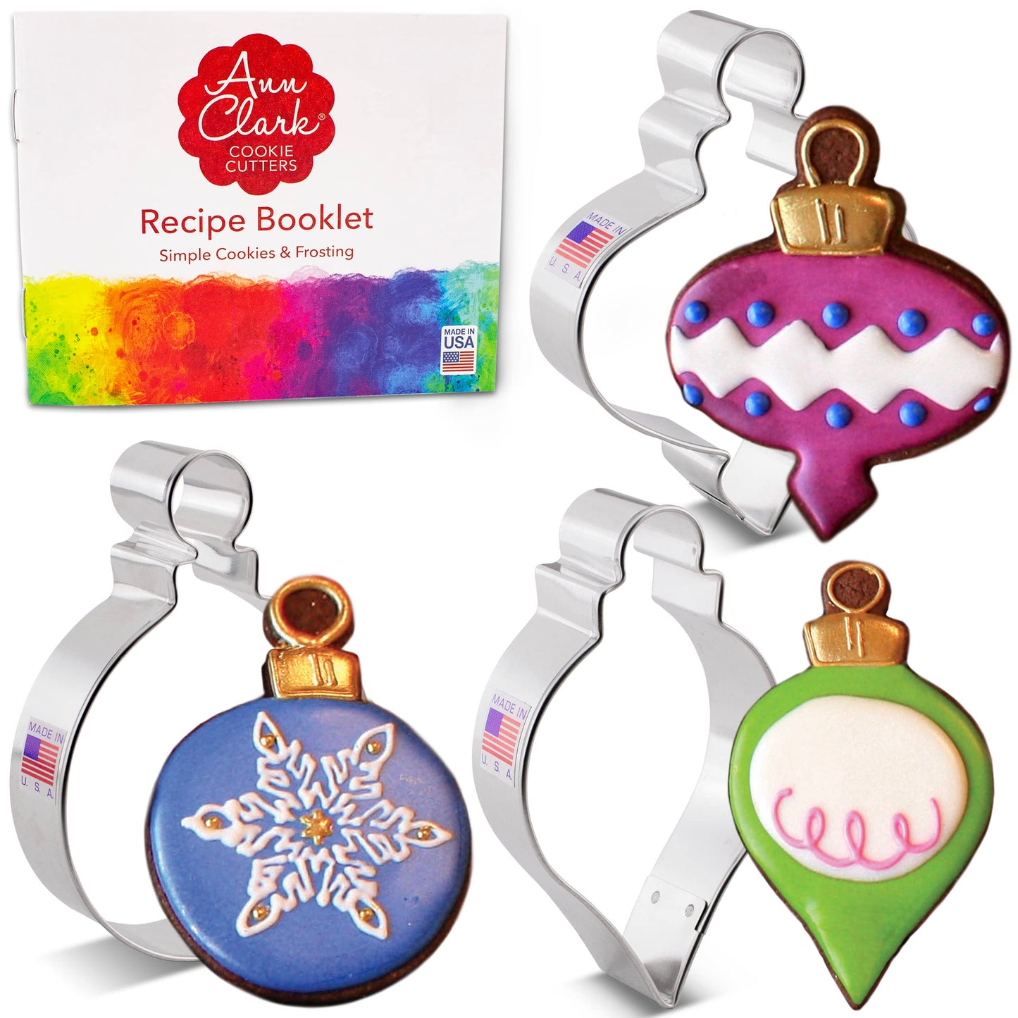 Christmas Ornaments Cookie Cutters 3-Pc Set Made in USA by Ann Clark, Teardrop Bauble, Finial, and Round Ornaments