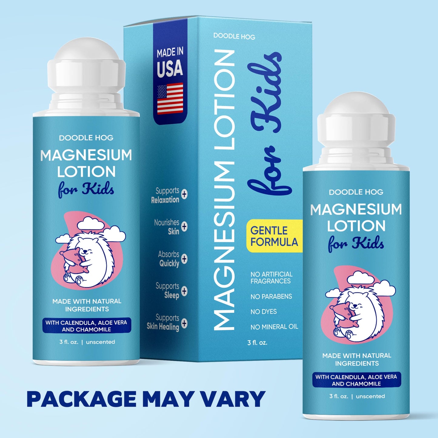 DOODLE HOG Magnesium Lotion for Kids, With Calendula, Aloe Vera and Chamomile, Magnesium Lotion for Sleep, Made in USA Kids, Roll-On Application, 3 fl oz