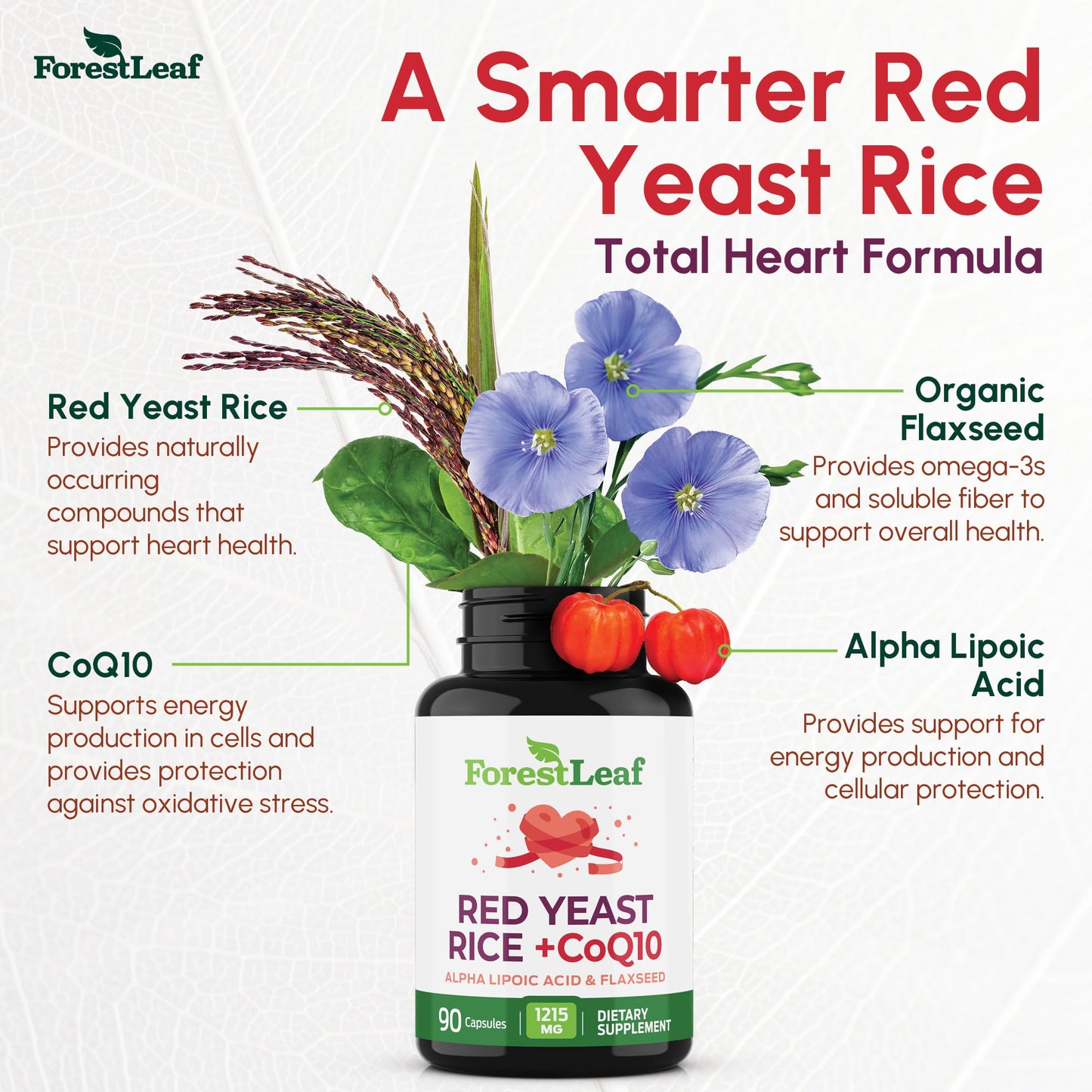 Red Yeast Rice 1215 mg. Capsules - Extra Strength Red Rice Yeast with CoQ10 Supplement, Plus Alpha Lipoic Acid & Organic Flaxseed, Citrinin Free, Supports Cardiovascular Health, Non-GMO 90 Veggie Caps