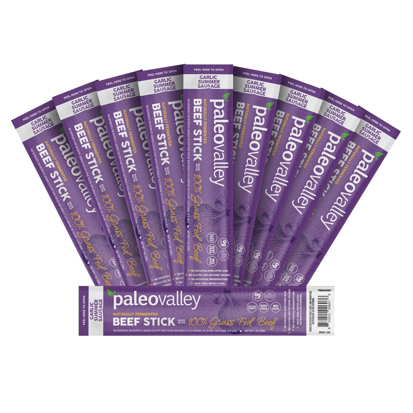 Paleovalley 100% Grass Fed Garlic Summer Sausage Beef Sticks - Delicious Gluten Free Beef Snack - High Protein Keto Friendly