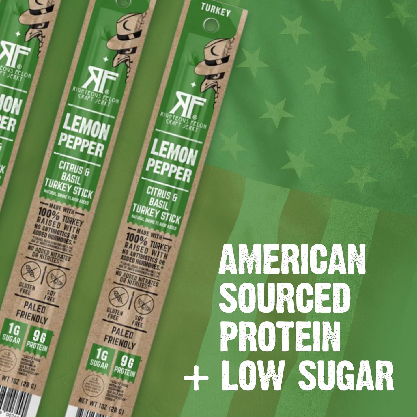 Righteous Felon Meat Sticks | 100% Turkey Sticks | Gluten Free & Keto Meat Sticks | Low Sugar & High Protein Turkey Sticks| Healthy Snack for Adults | Jerky Gifts for Men | Lemon Pepper, 10 Pack
