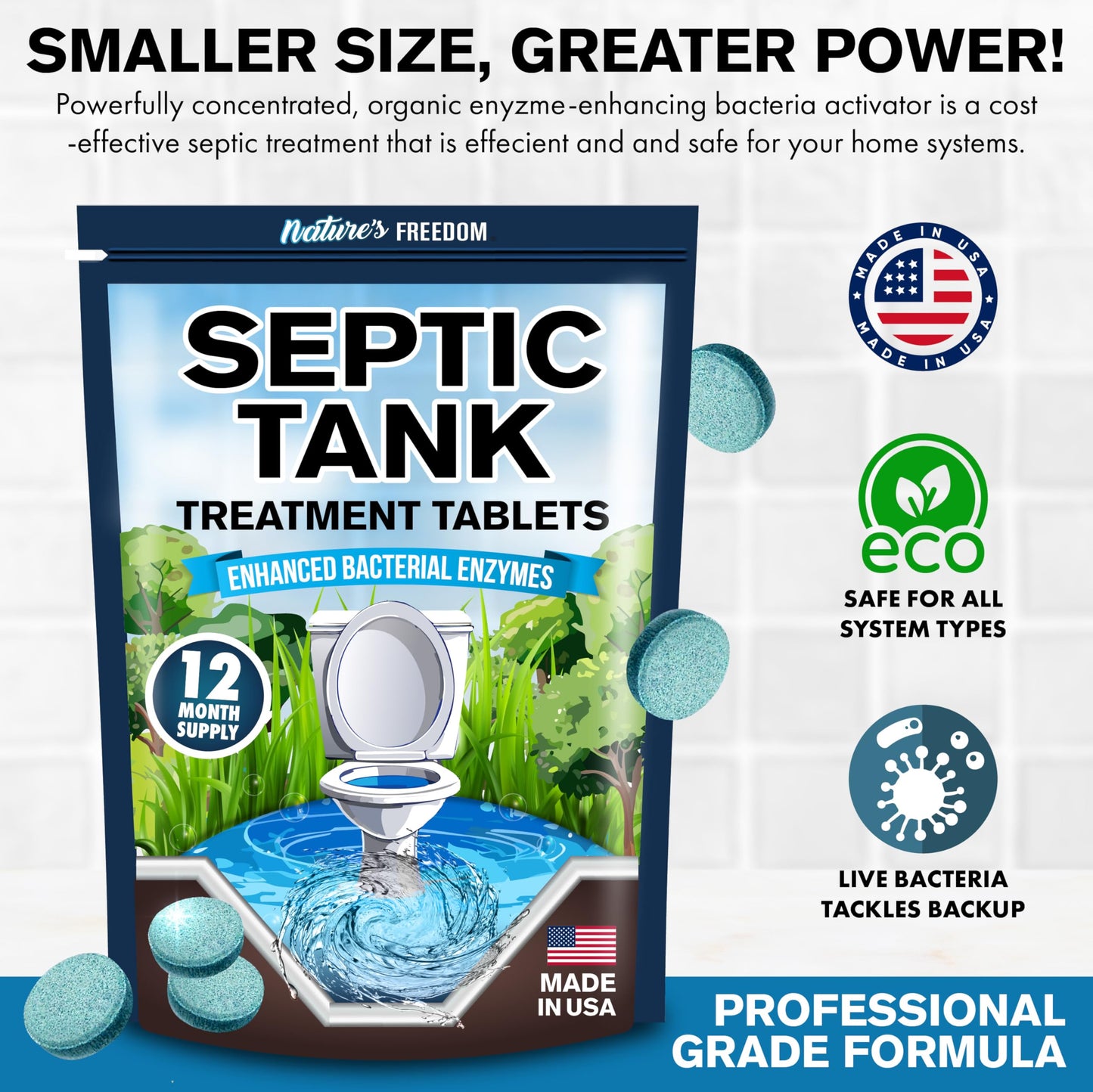 Nature's Freedom Septic Treatment Tablets – 1 Year Supply, Small Yet Powerful Enzyme Formula, Prevents Backups, Odors & Clogs, Made in the USA