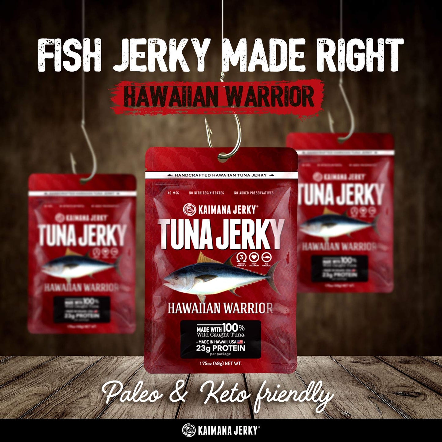 Kaimana Jerky - Hawaiian Warrior Ahi Tuna Jerky 3 Pack - Premium Fish Jerky Made in the USA. All Natural and Wild Caught.