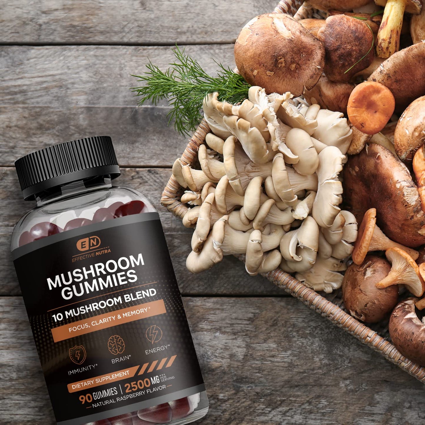 EFFECTIVE NUTRA Mushroom Gummies 2500mg | 10 Blend w/Lions Mane, Reishi, Chaga, Cordyceps & More | Focus, Memory, Immunity, Energy | Natural Berry Flavor Supplement | Vegan, Made in USA (90ct)