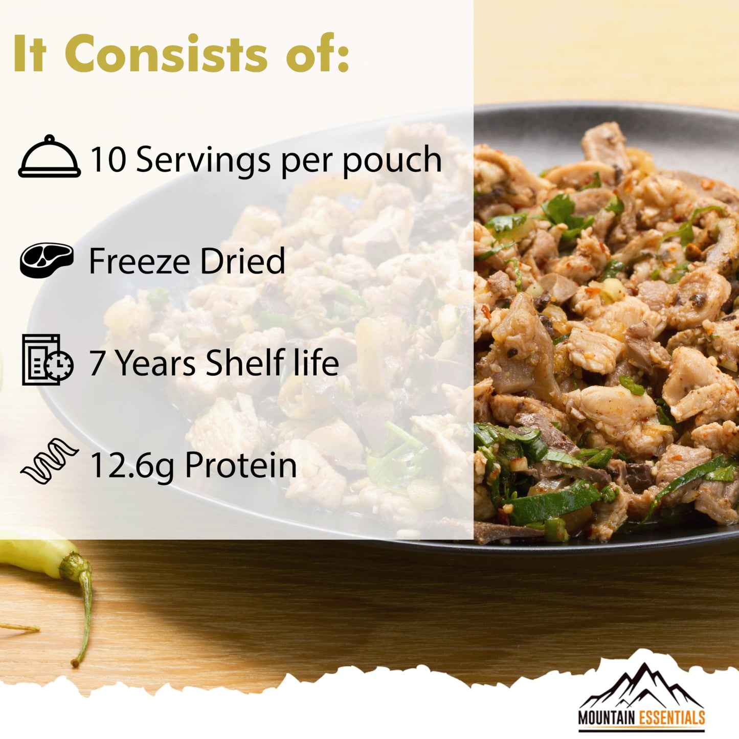 MOUNTAIN ESSENTIALS Freeze Dried Fully Cooked Shredded Pork with 7 Year Shelf Life, 10 Servings Ideal for Camping, Emergency Preparedness and Survival Meals | High Protein Made in USA