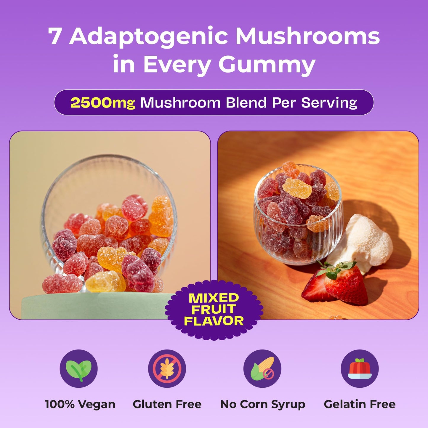 Ashwagandha Gummies and Lions Mane Mushroom Gummies Supplement - Organic - Reishi, Cordyceps, Turkey Tail, Maitake, Shitake, Chaga - Immune Defense, Boosts Cognitive Performance, Vegan, Low Carb