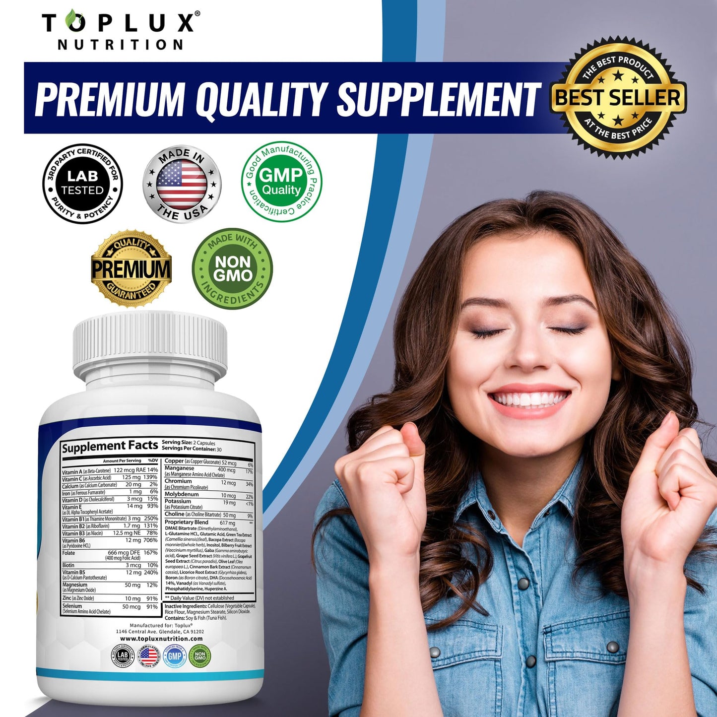 Toplux Brain Supplement Nootropic – Brain Pills Vitamin with DMAE, Bacopa Monnieri, L-Gutamine, for Men Women, 60 Capsules, Nutrition
