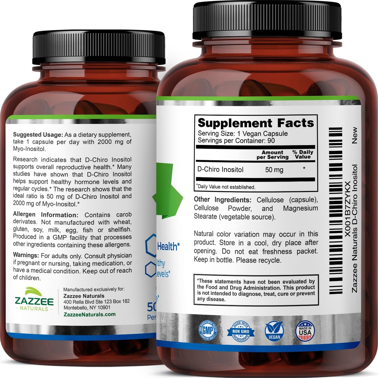 Zazzee D-Chiro-Inositol, 50 mg per Capsule, 90 Vegan Capsules, Ideal Dosage for 40:1 Ratio with Myo-Inositol, 3 Month Supply, 100% Vegetarian, Non-GMO